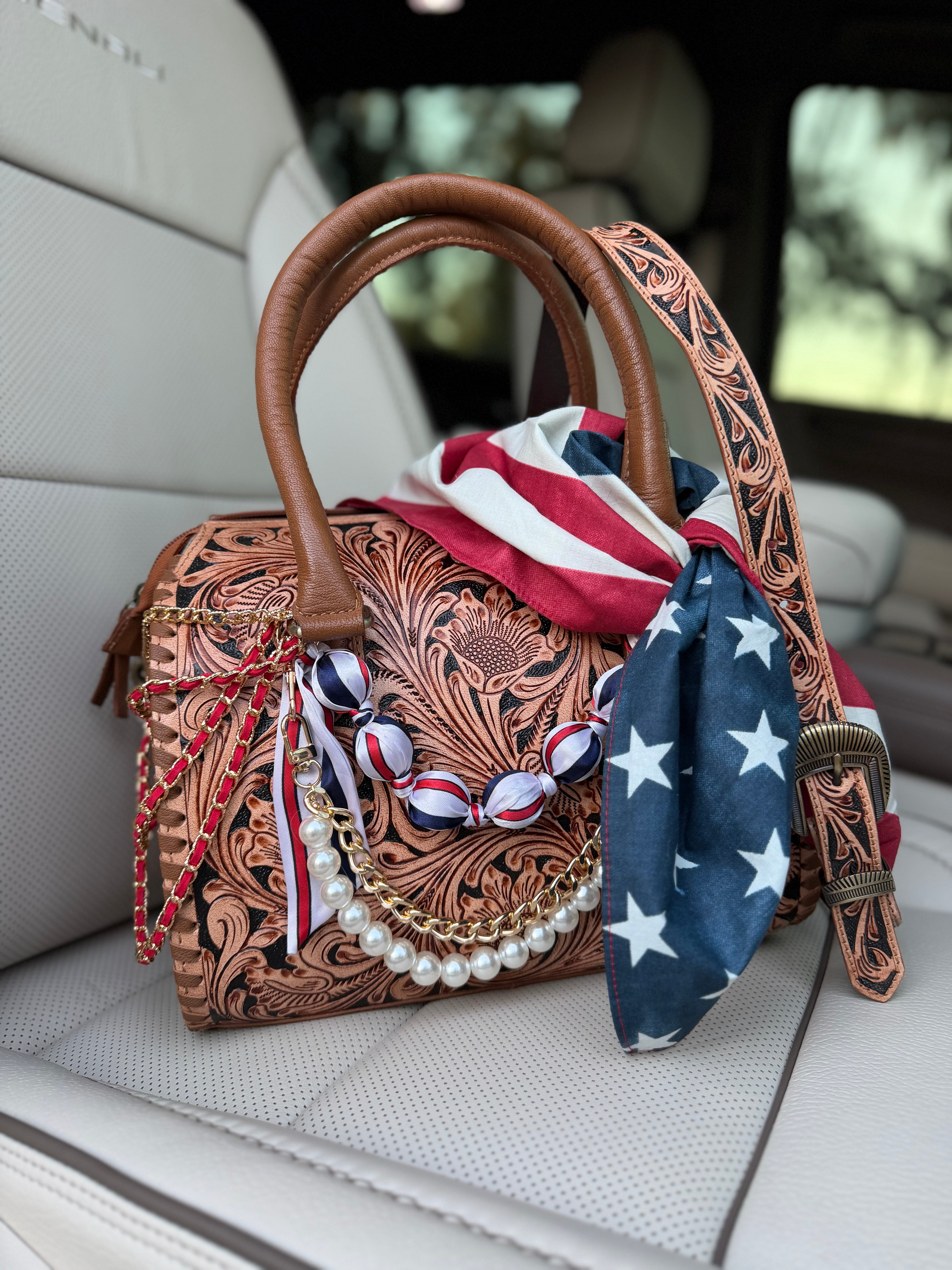 “American Honey“- tan and black  tooled leather speedy (M)