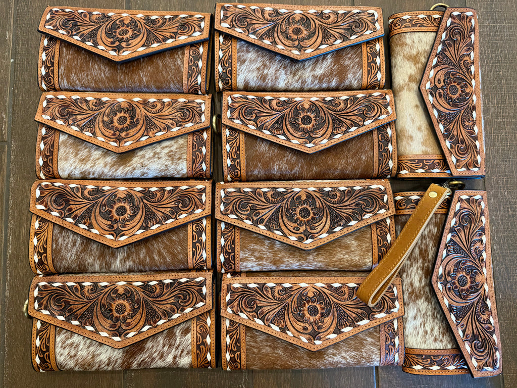 Cowhide tooled leather wallet clutch wristlet