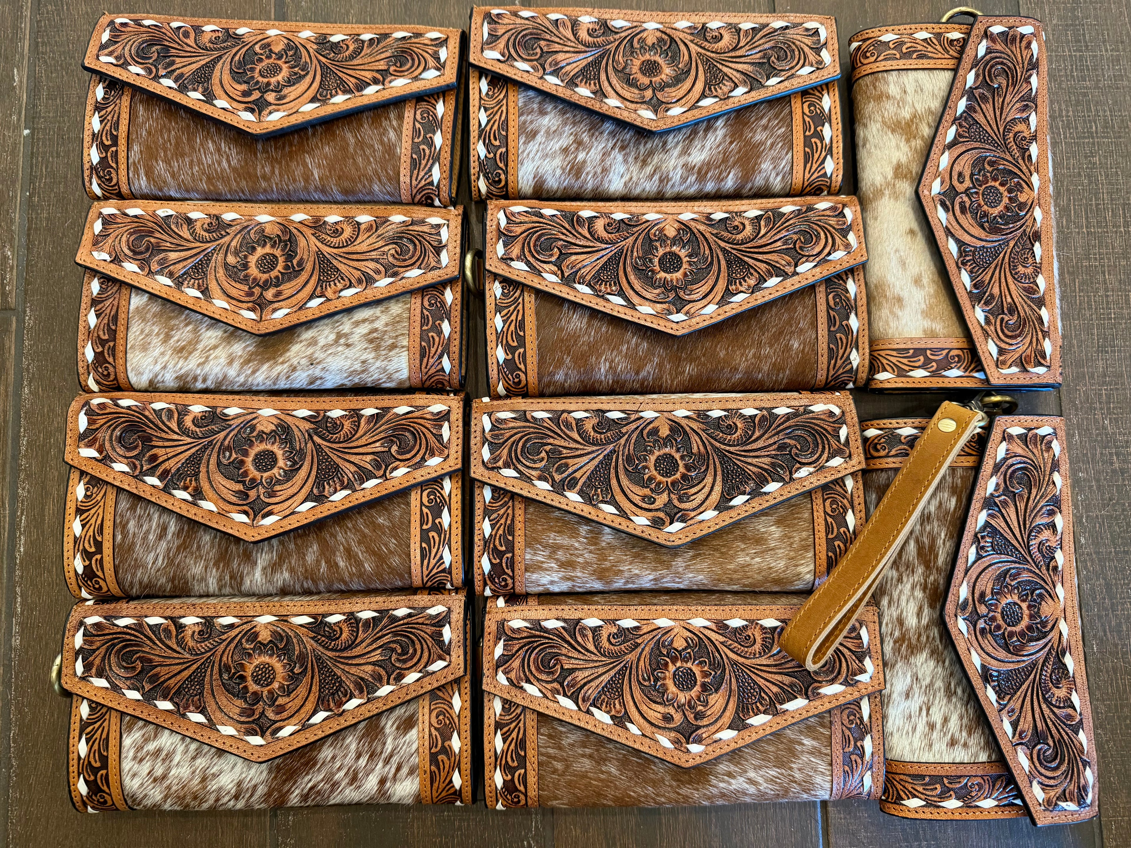 Cowhide tooled leather wallet clutch wristlet