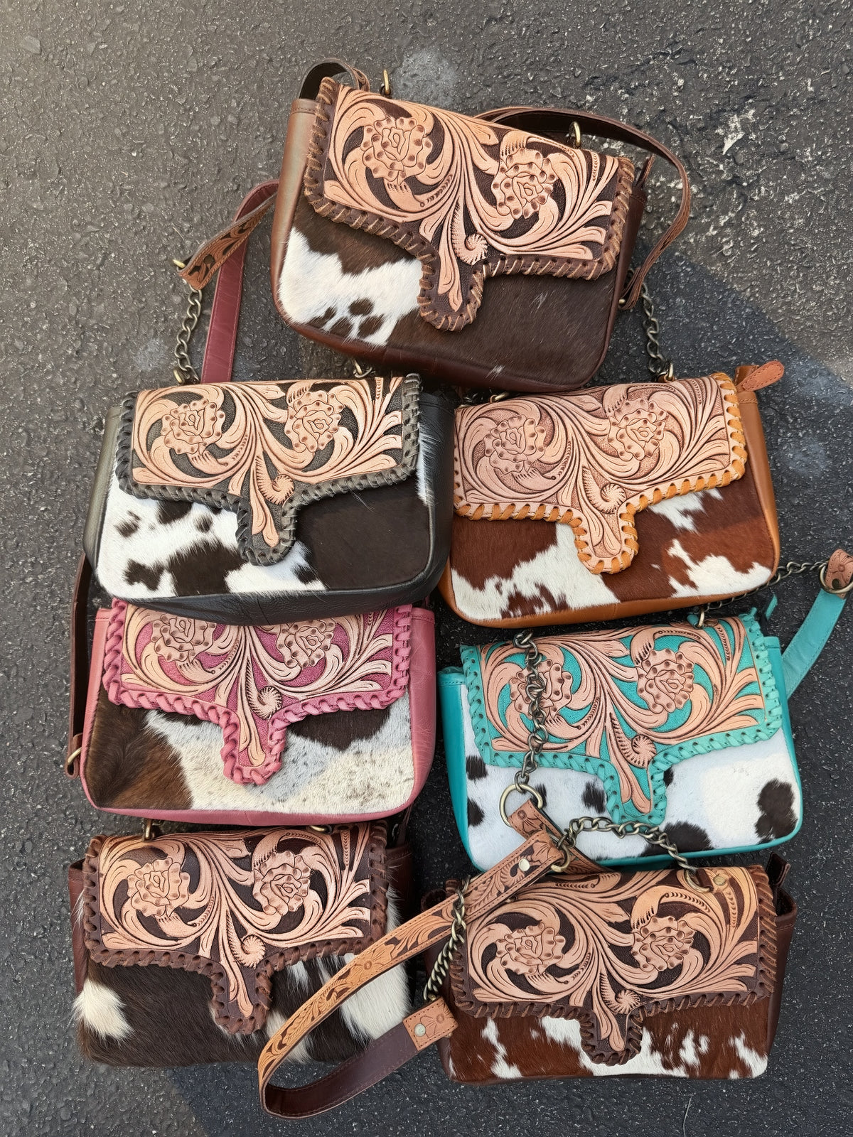 Tooled leather and cowhide crossbody bag