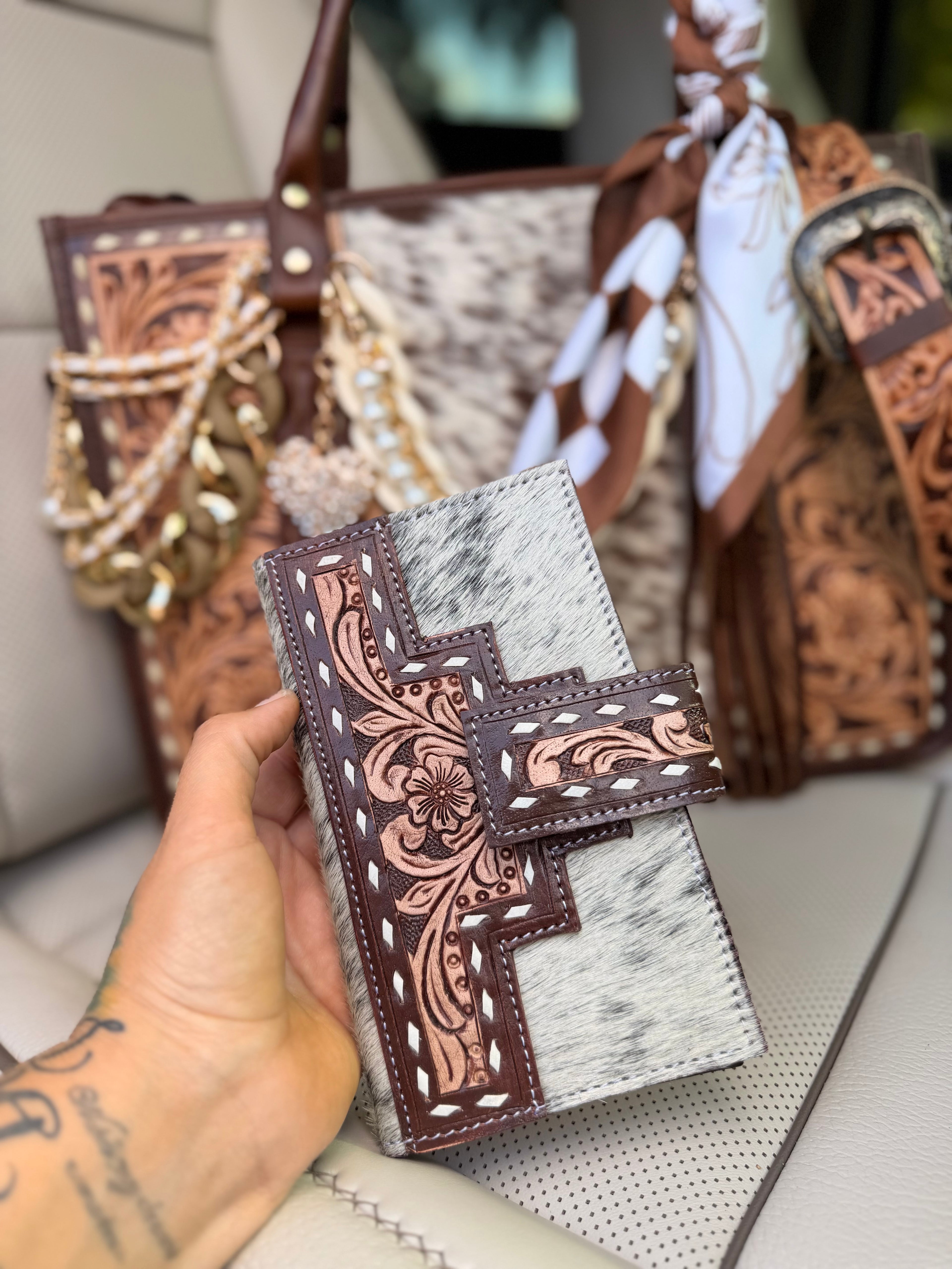 "Sassy Cowgirl" Dressed cowhide and brown tooled leather tote bag/ wallet combo