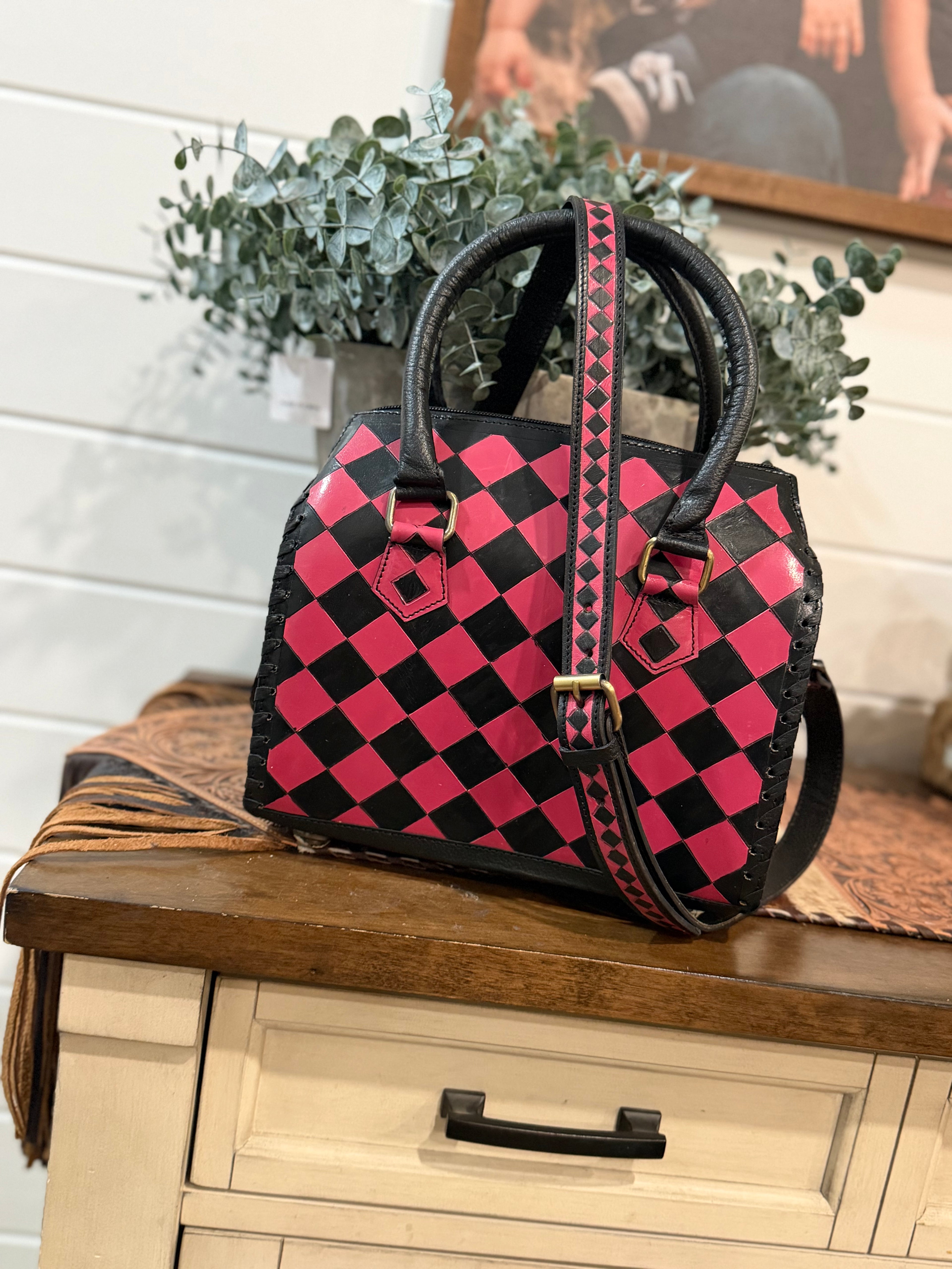 Hot pink / black checker tooled leather speedy (M)