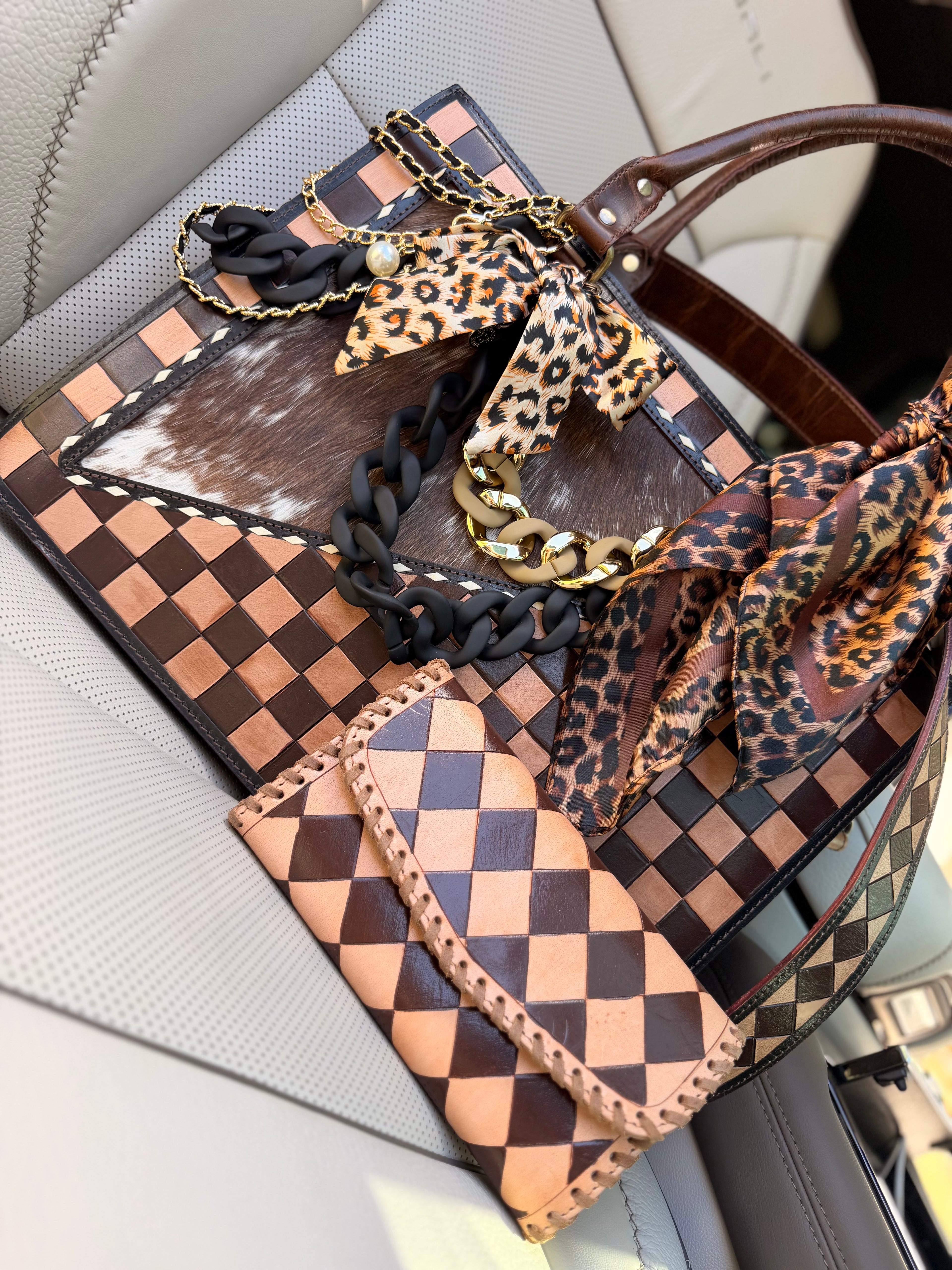 "Bourbon & Blush" Dressed cowhide and brown checker tote bag/ wallet combo
