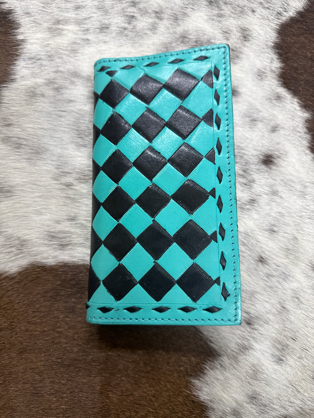 Teal/black checker leather wallet