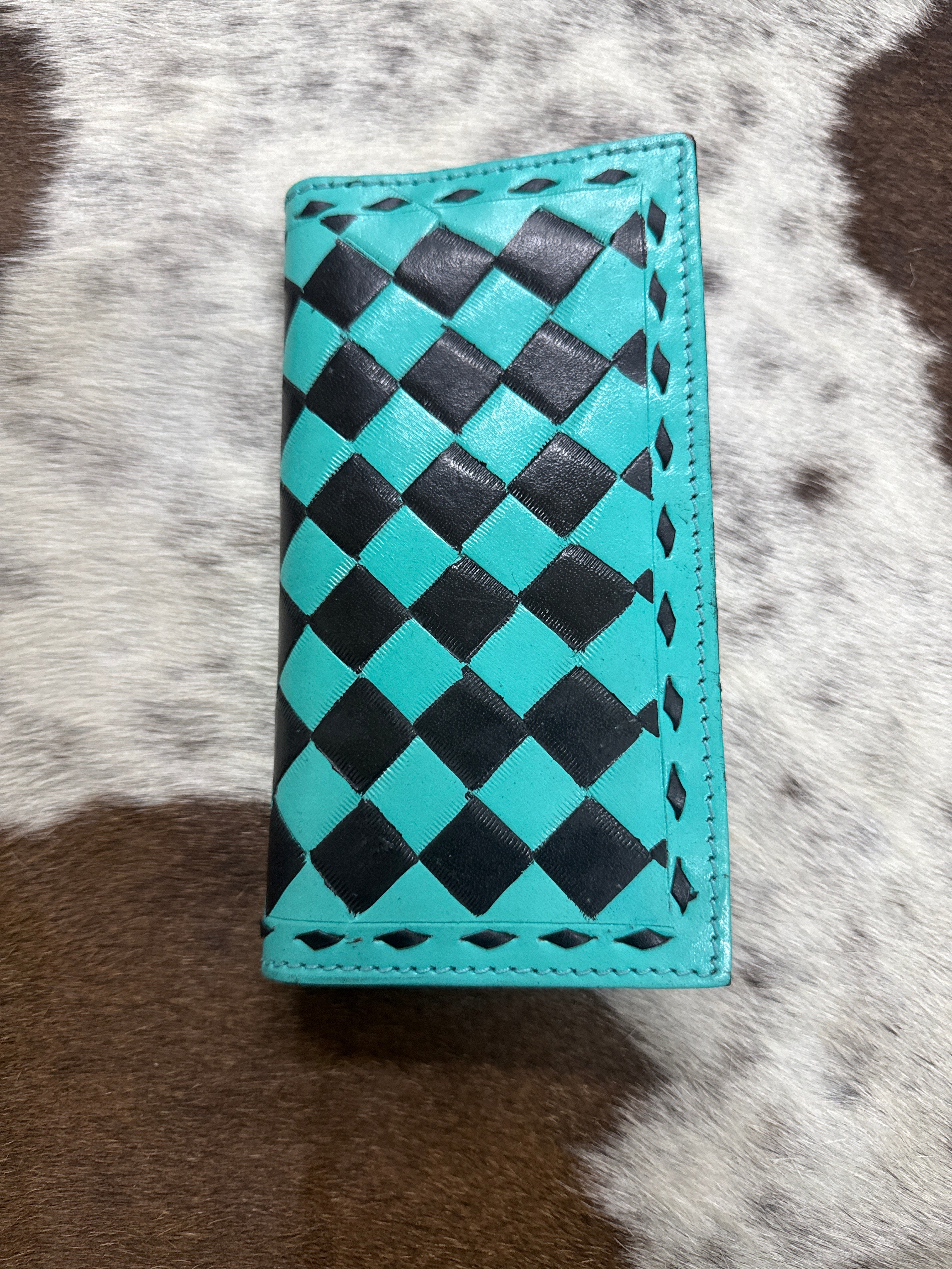 Teal/black checker leather wallet