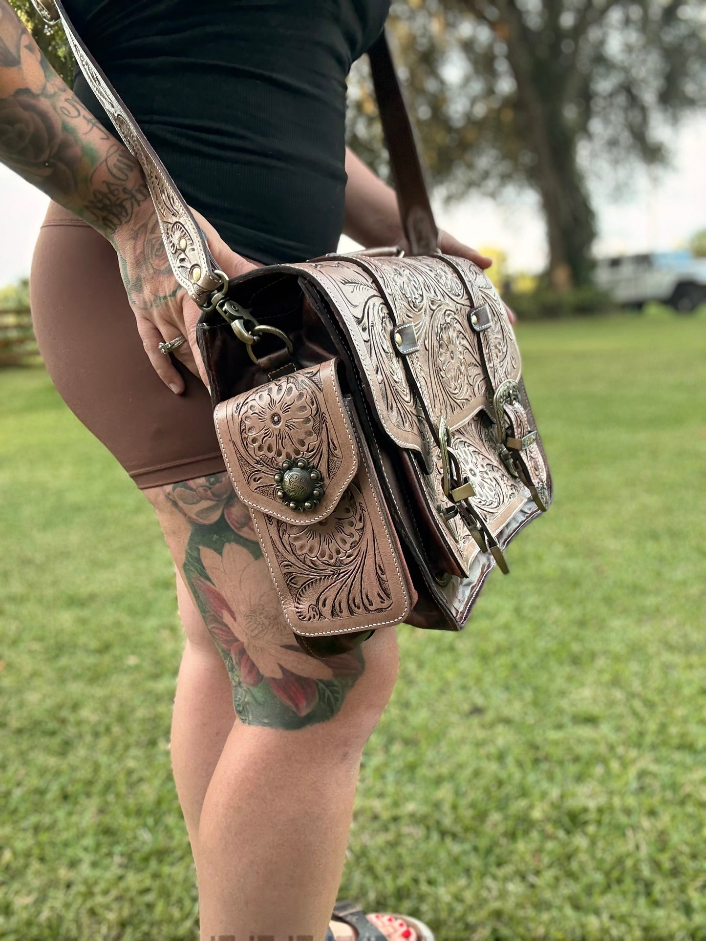 Laptop or overnight tooled leather bag