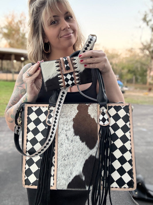 Checker print / cowhide Tote and wallet set