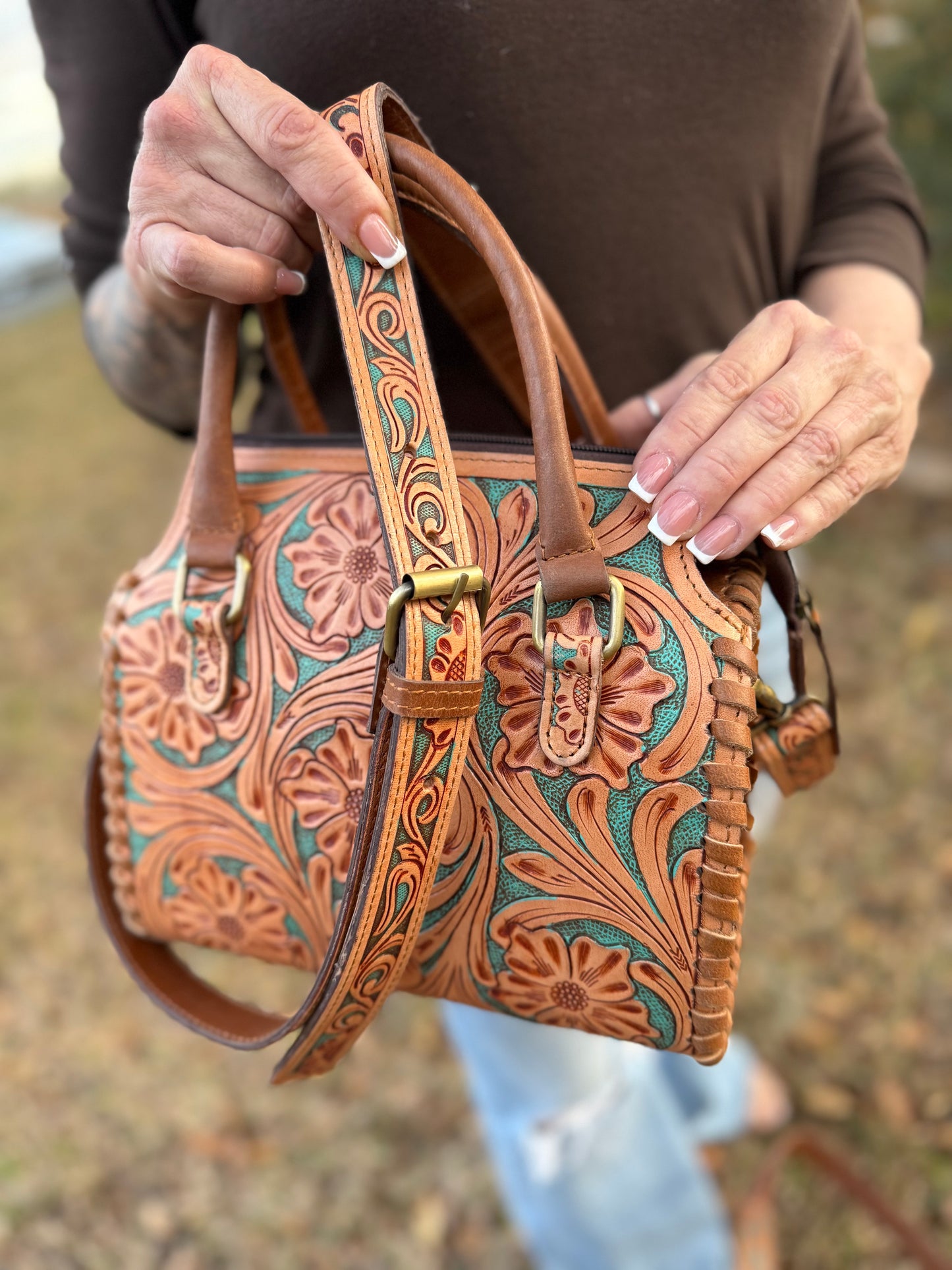 Brown/turquoise tooled leather speedy (M)