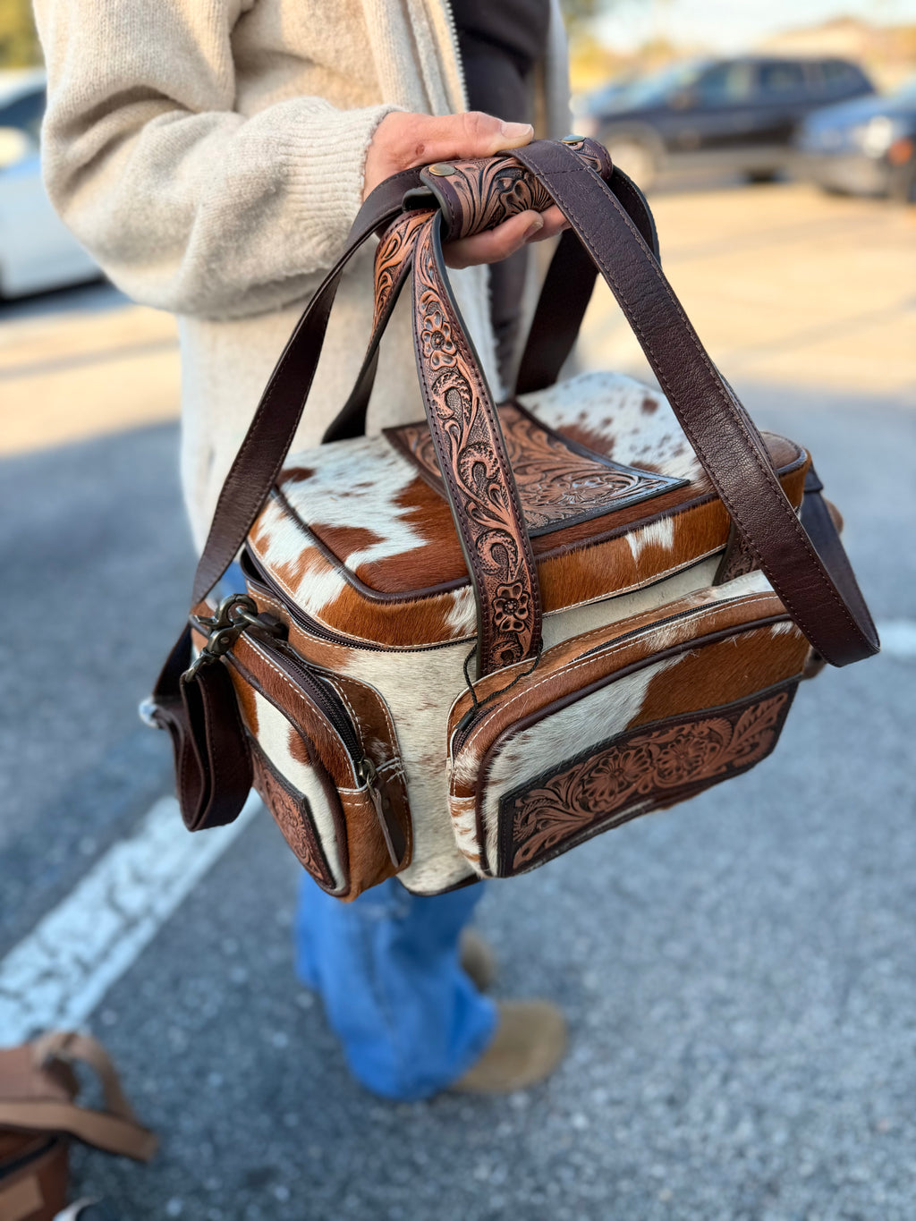 Brown and white hide TOOLED leather/ cowhide Lunch bag