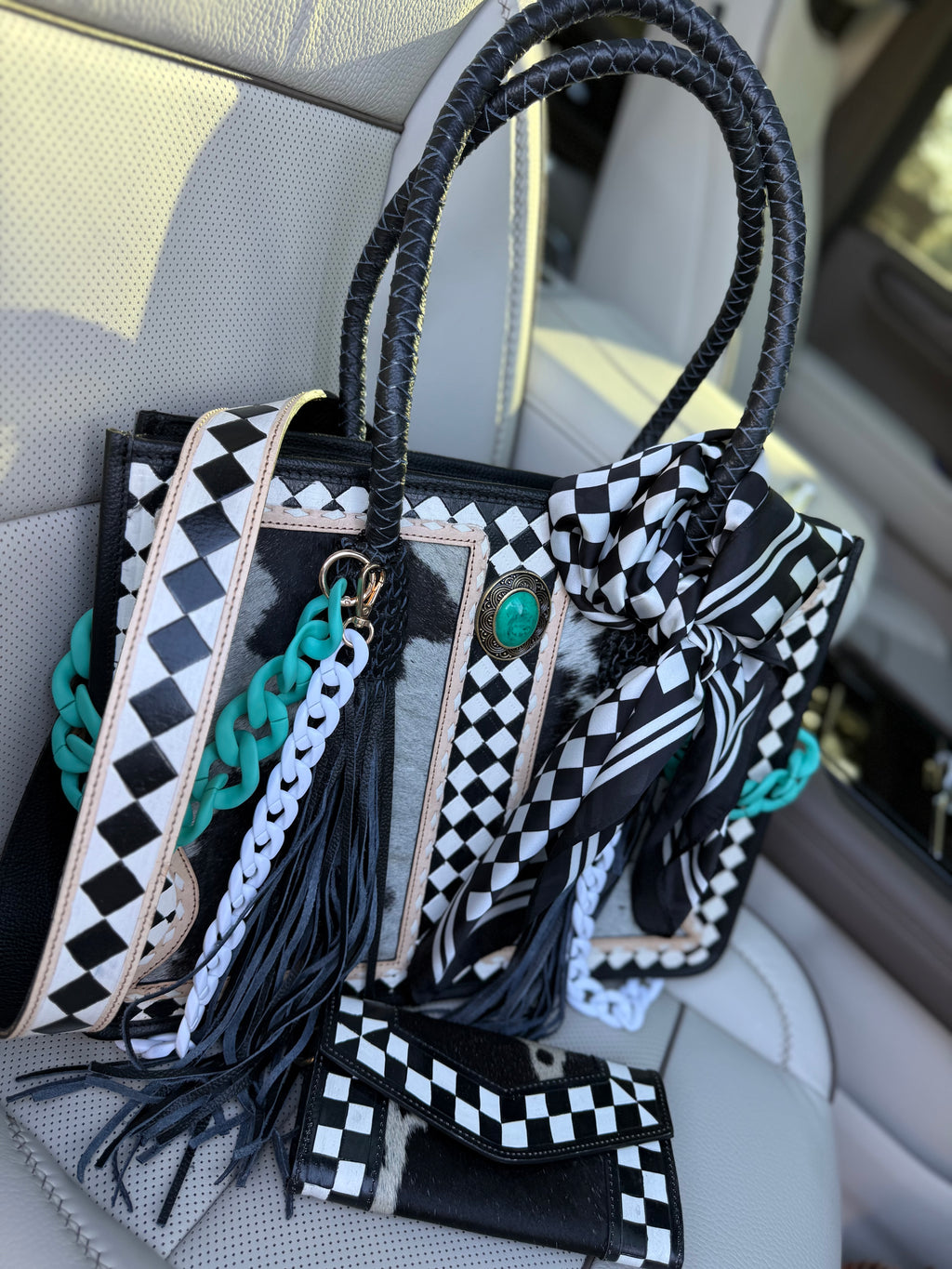 "Queens End Game" - checker/tooled leather tote(bag only)