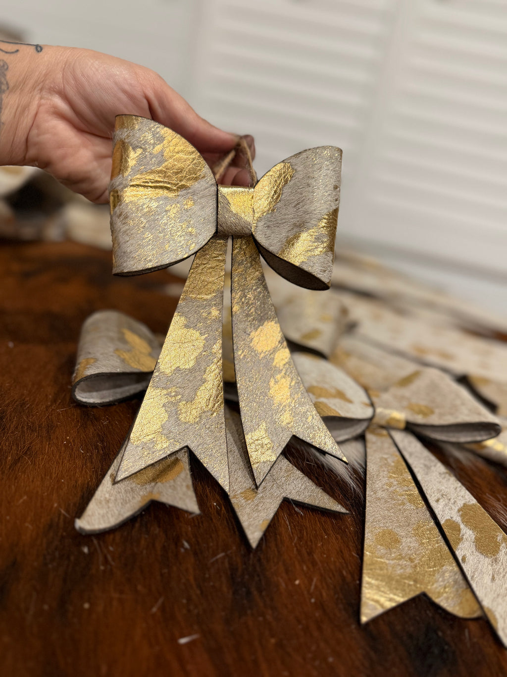 6 pack-Large cowhide bow - gold acid wash  ornaments