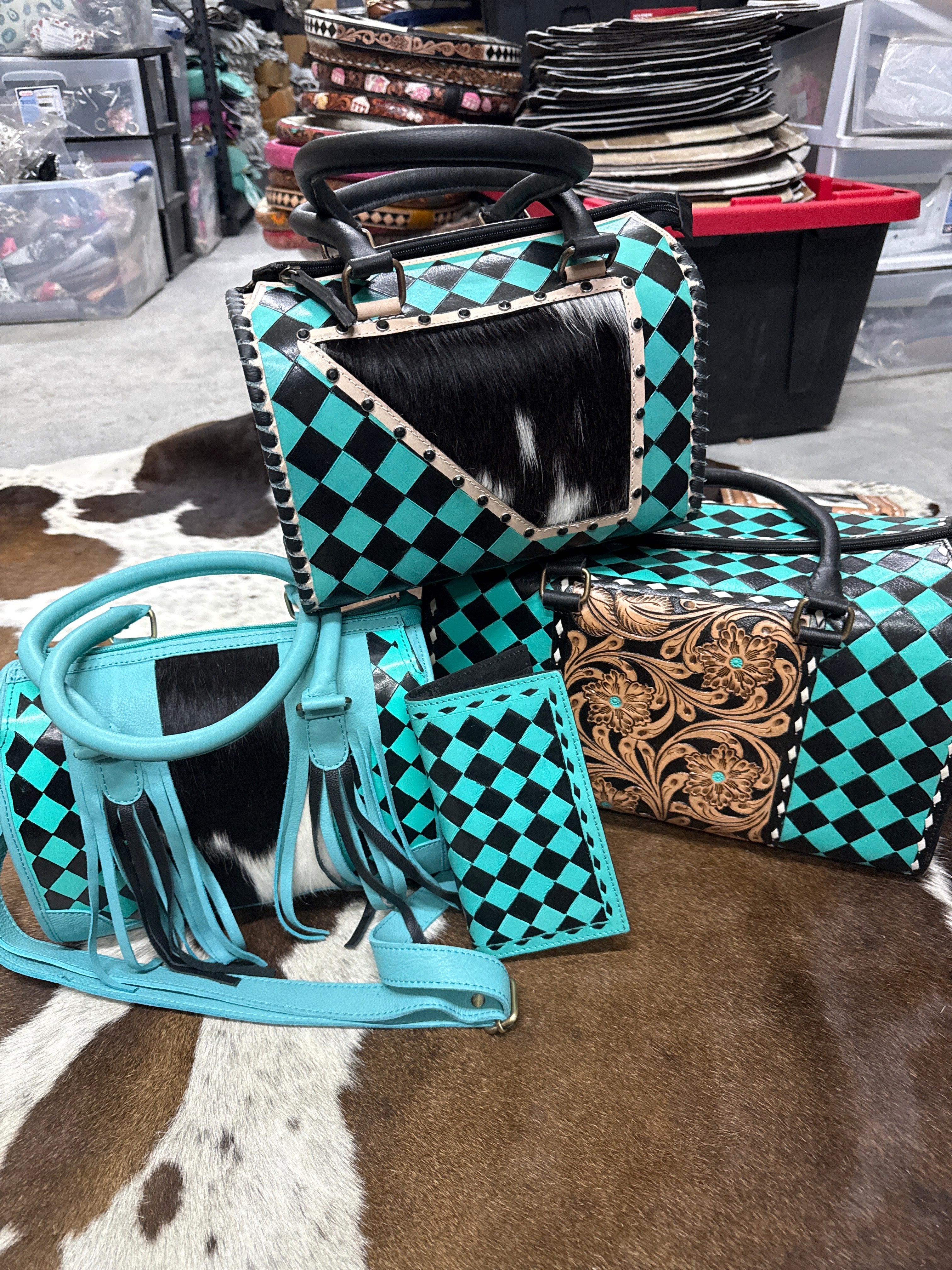 Teal/black checker leather wallet