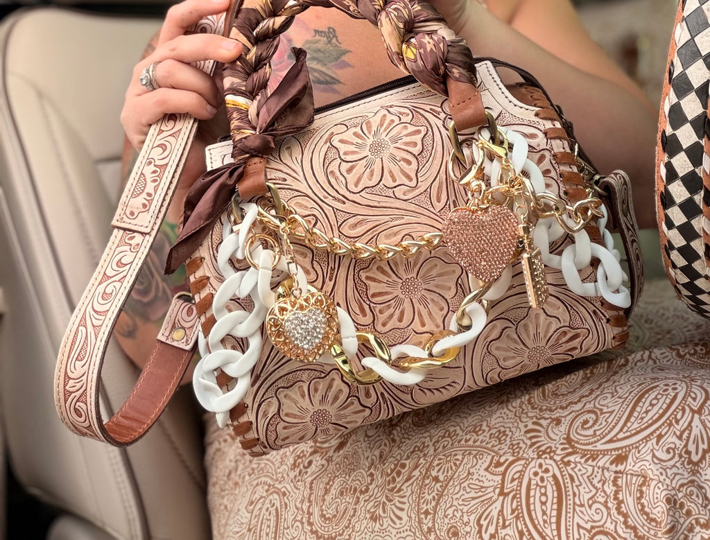 “ The Golden Cowgirl”- white/cream tooled leather speedy (M)