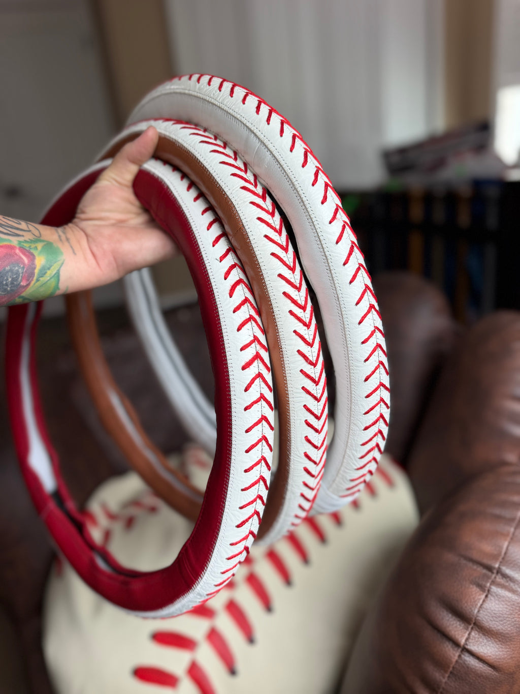 Baseball 16 “ tooled leather steering wheel cover - read description before purchase