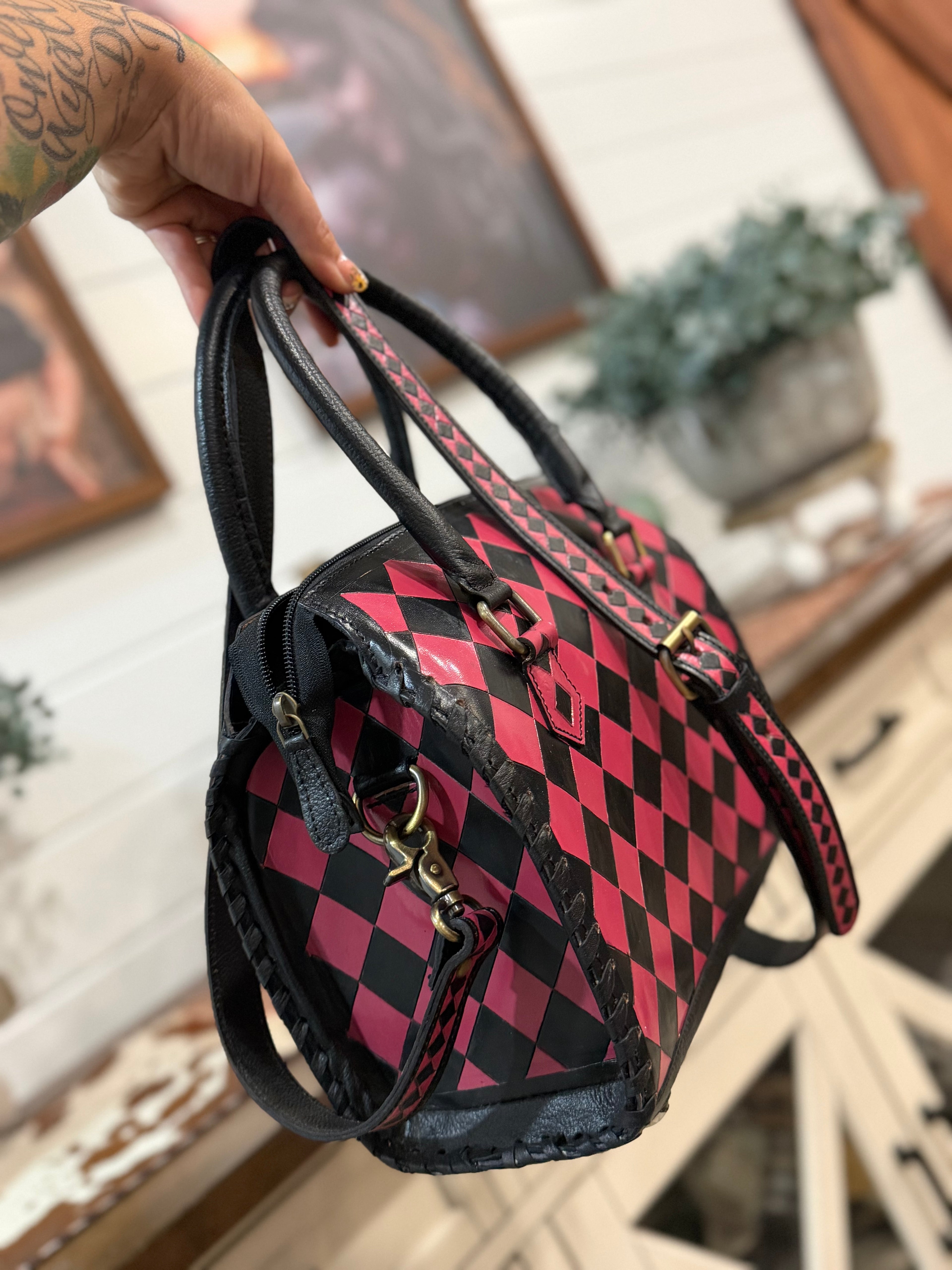 Hot pink / black checker tooled leather speedy (M)