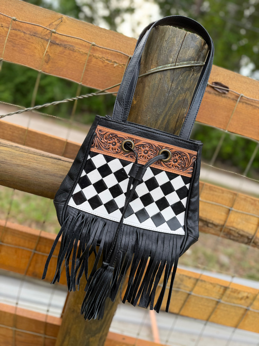 Checker sling bag with fringe