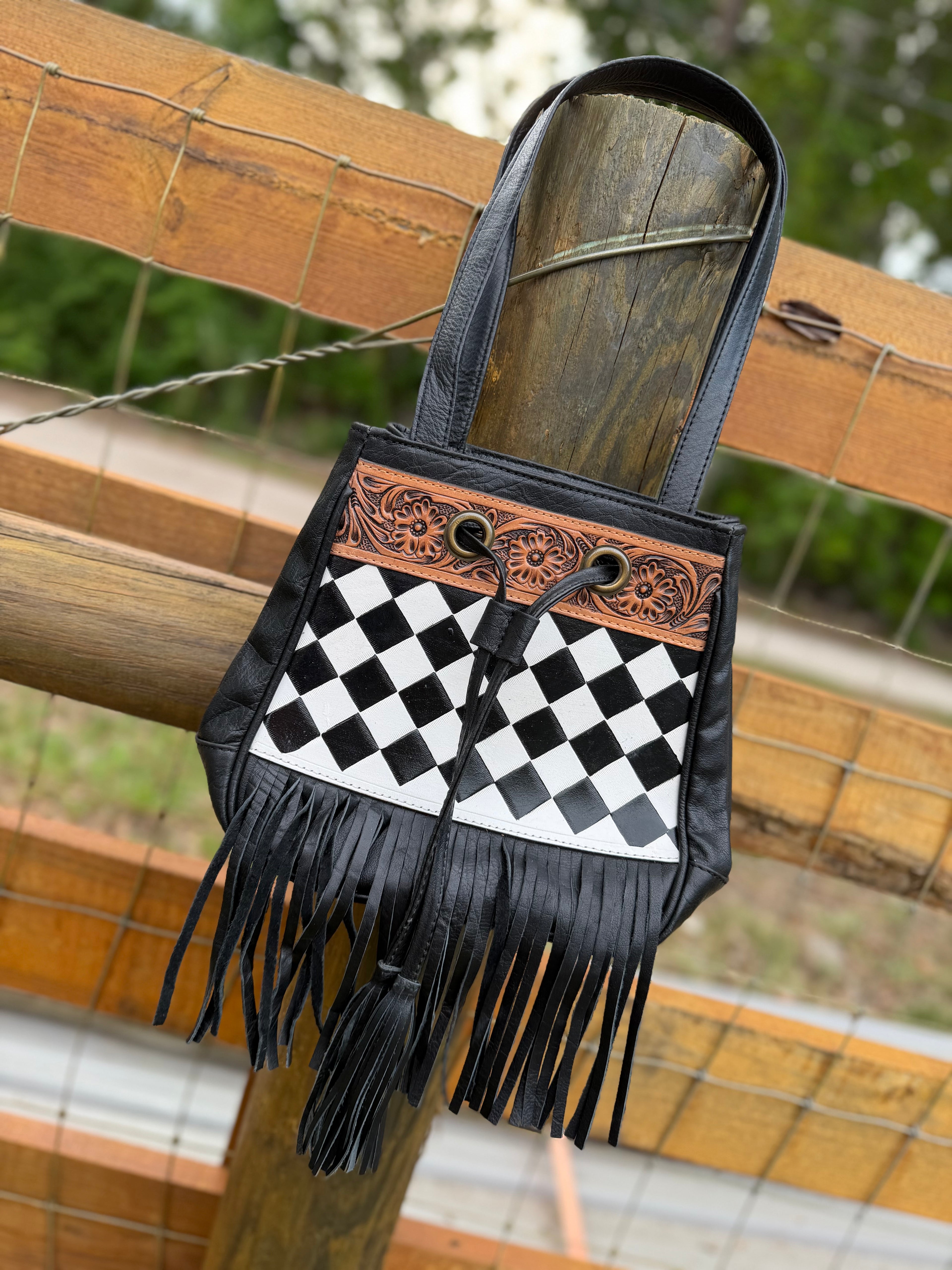Checker sling bag with fringe