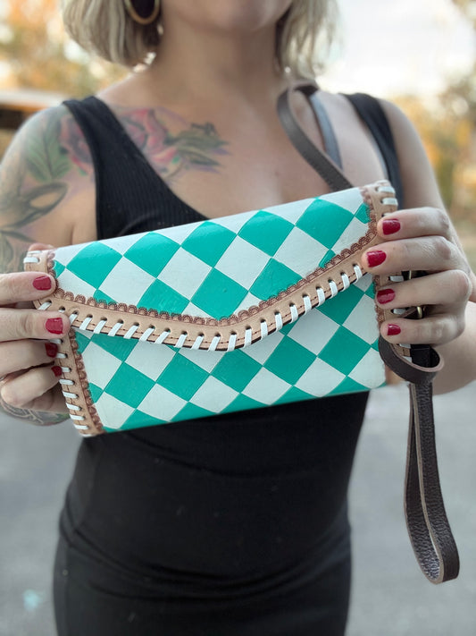Teal Checker print cross body