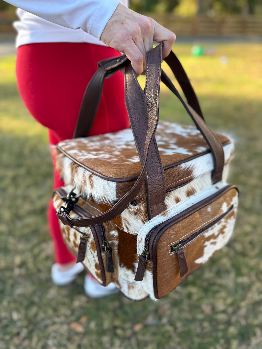 Brown and white Cowhide / leather Lunch bag