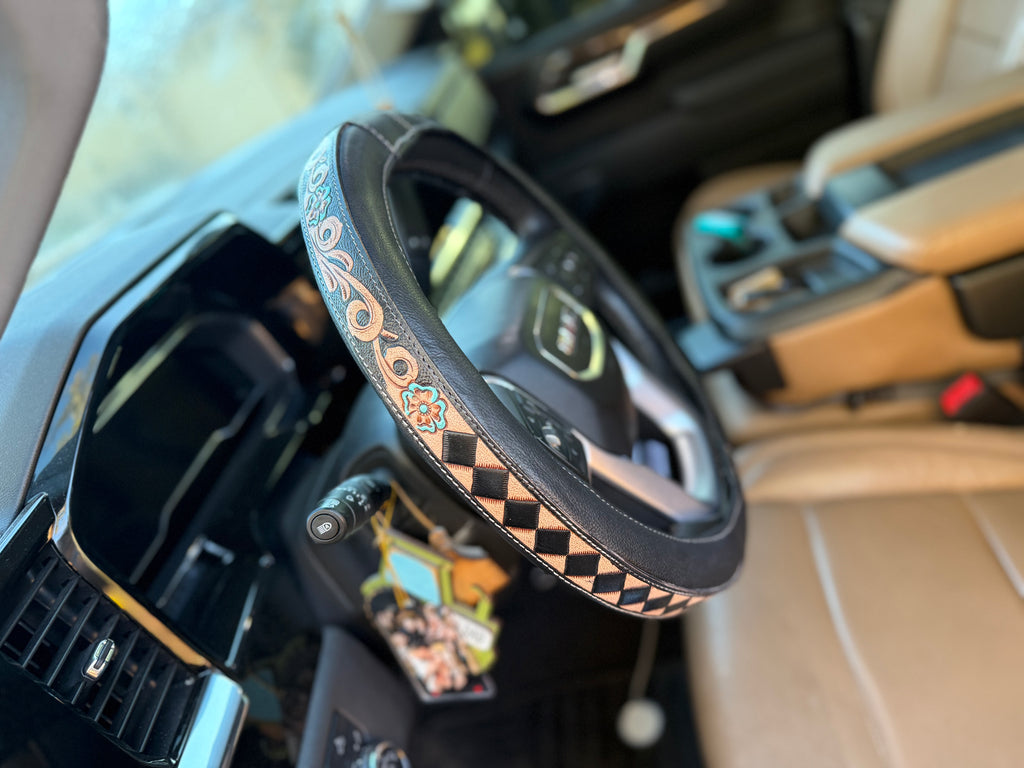 16 “ tooled leather floral checker steering wheel cover - read description before purchase