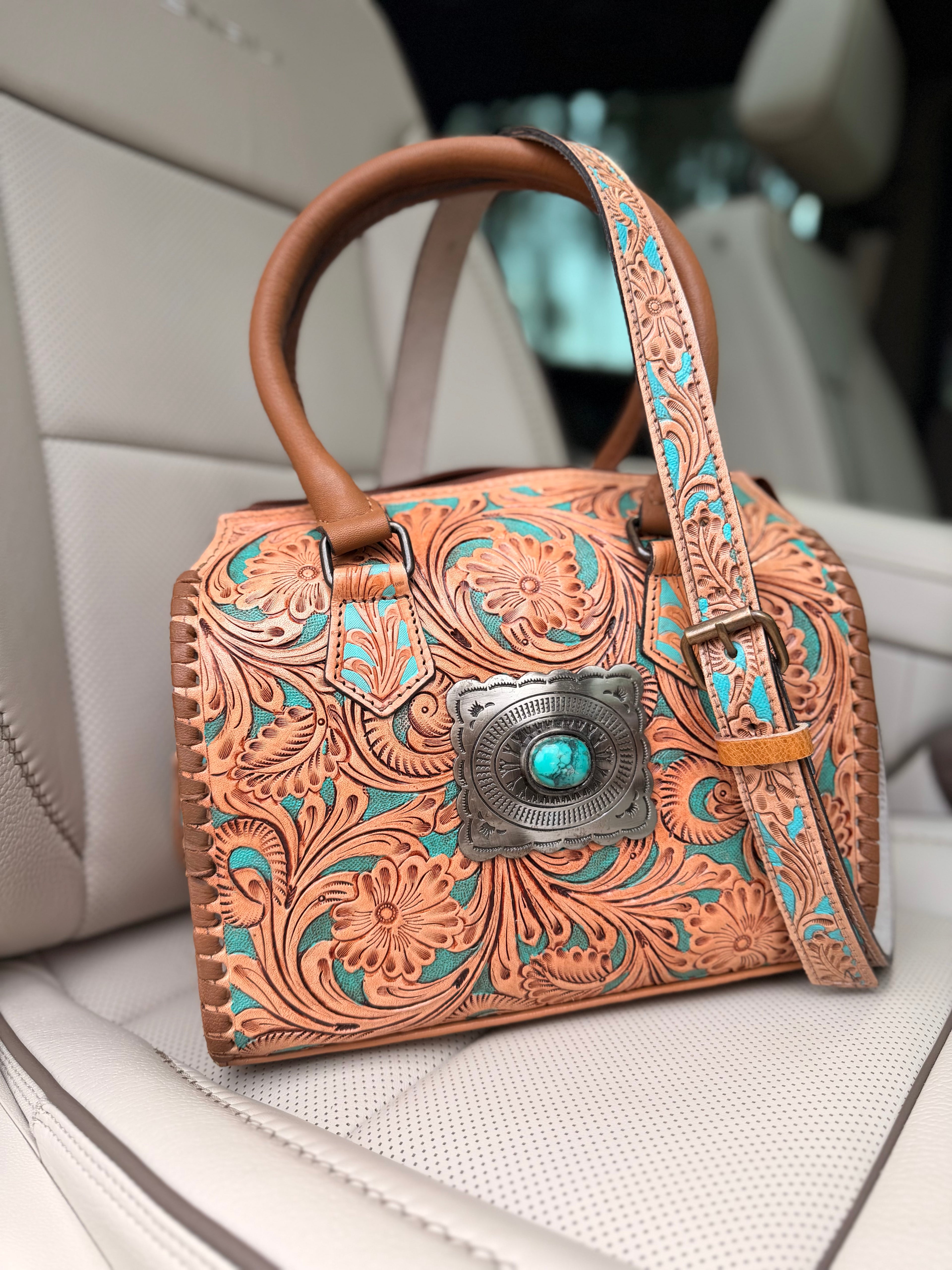 “Paradise Cowgirl set”- teal and tan  tooled leather speedy (M) and wallet