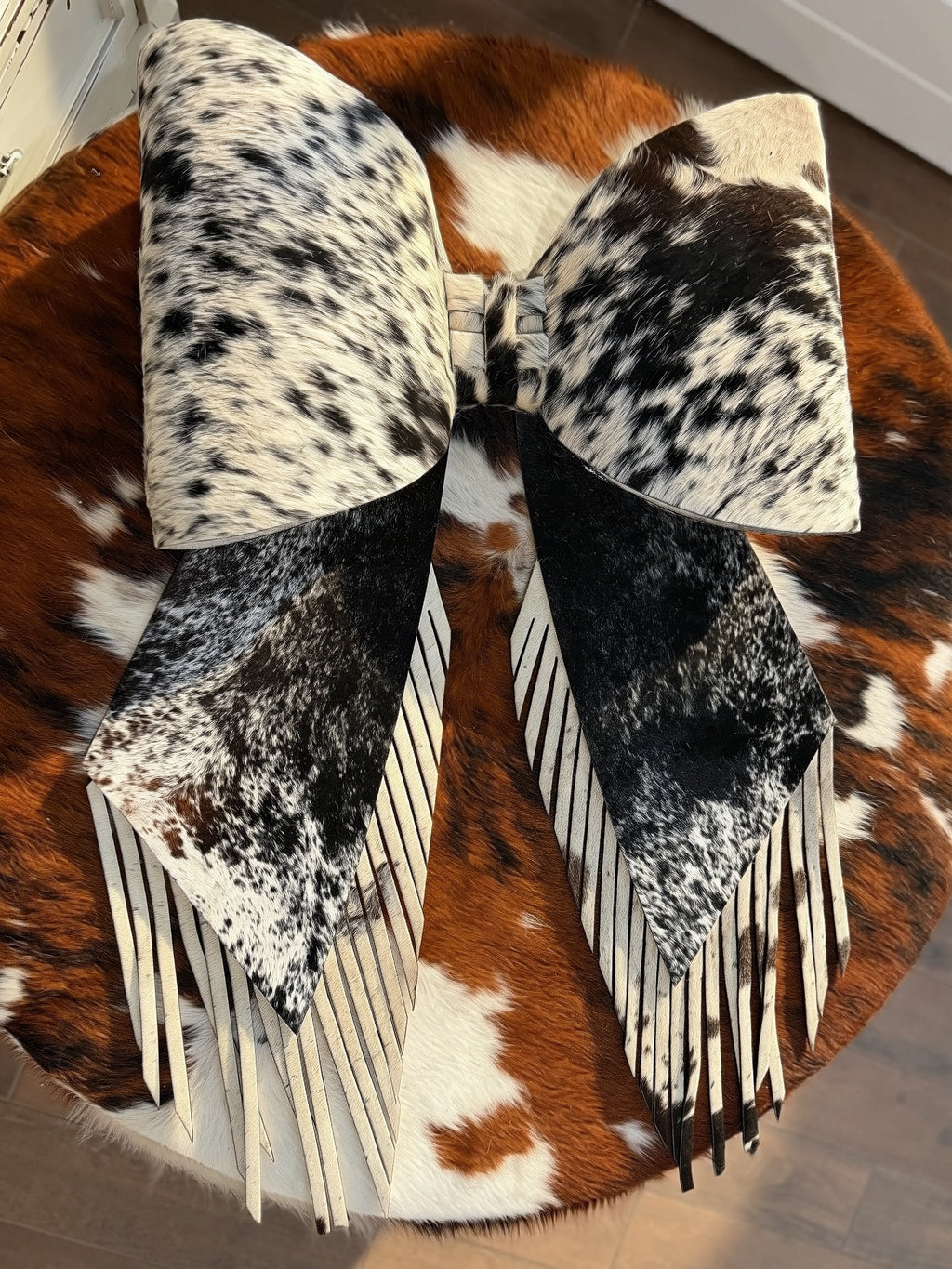 GIGANTIC 43" cowhide bow for tree topper - fringe look (read description fully)