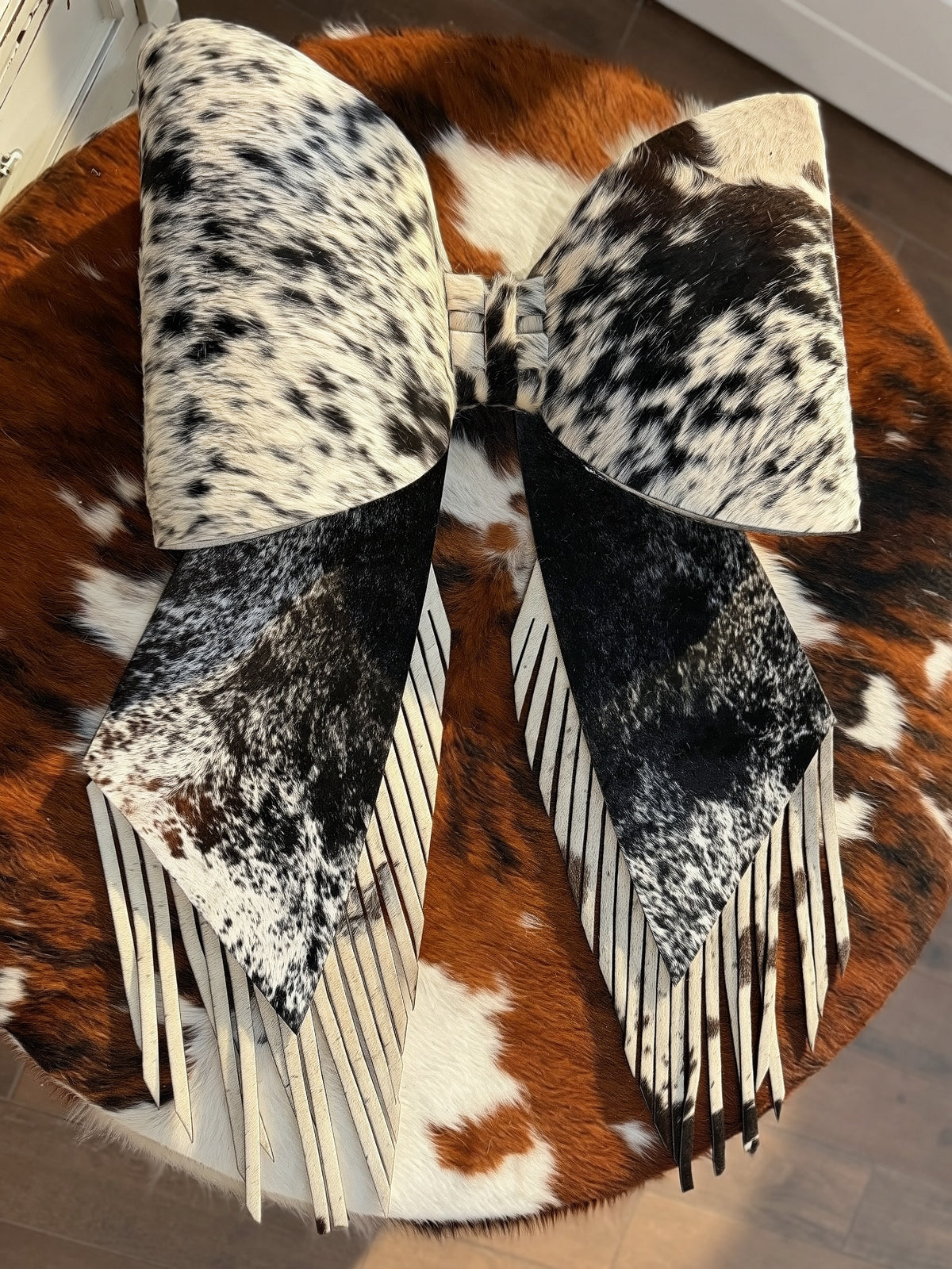GIGANTIC 43" cowhide bow for tree topper - fringe look (read description fully)