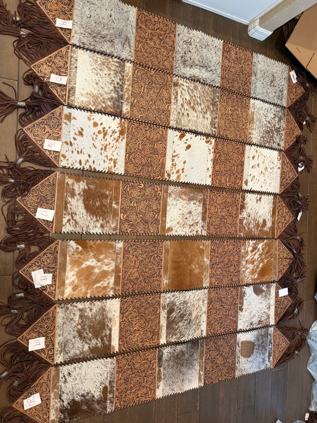 Tooled leather and cowhide Table runner 6ft
