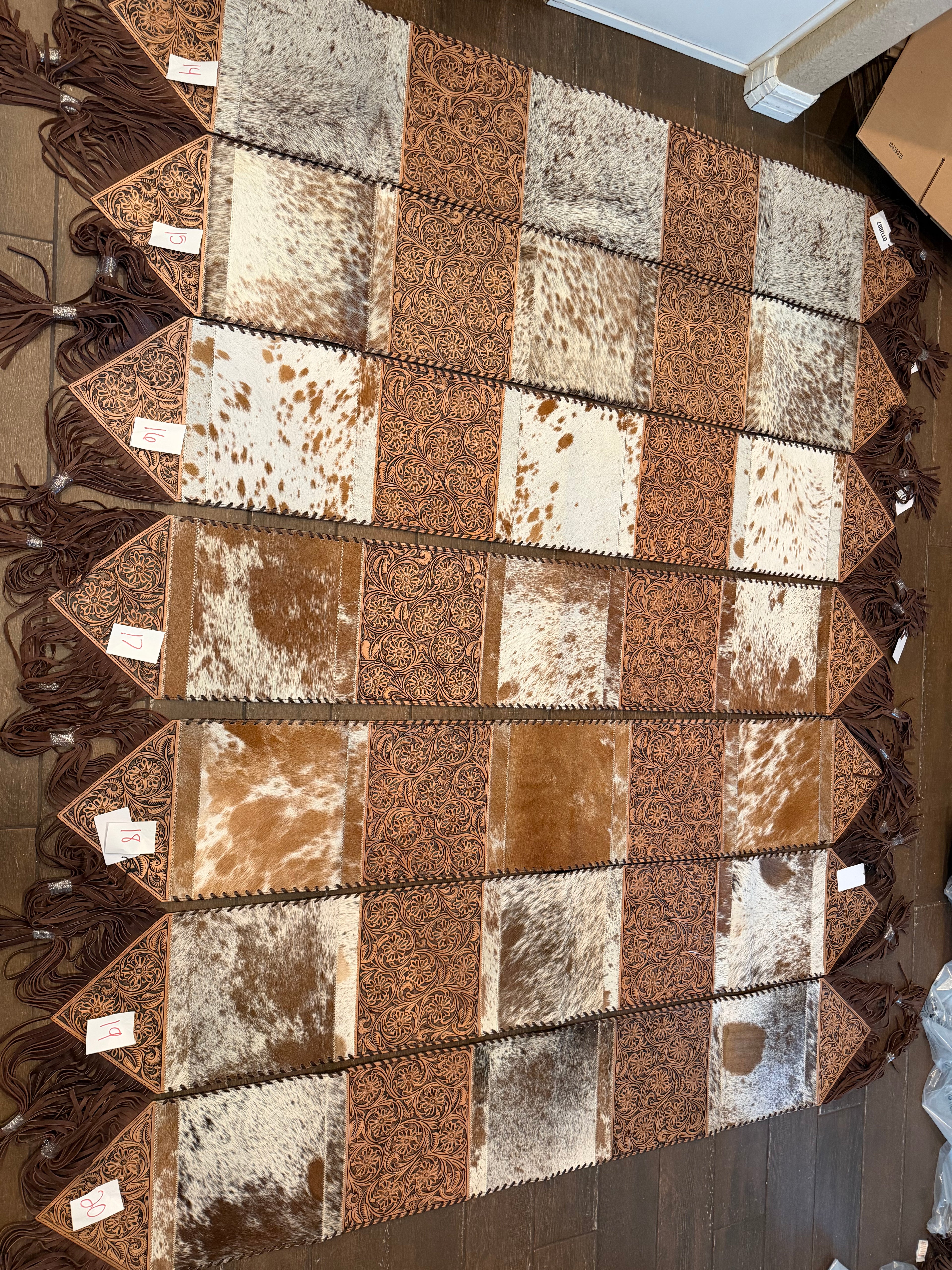 Tooled leather and cowhide Table runner 6ft