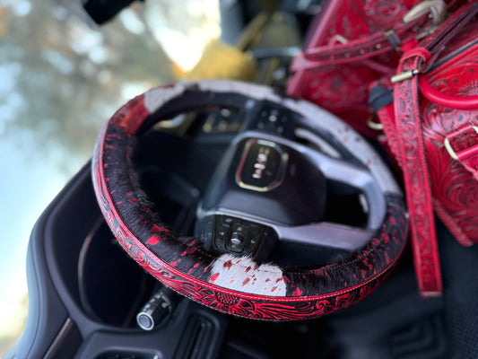 Red 15.5 “ tooled leather acidwash cowhide steering wheel cover read description before purchase