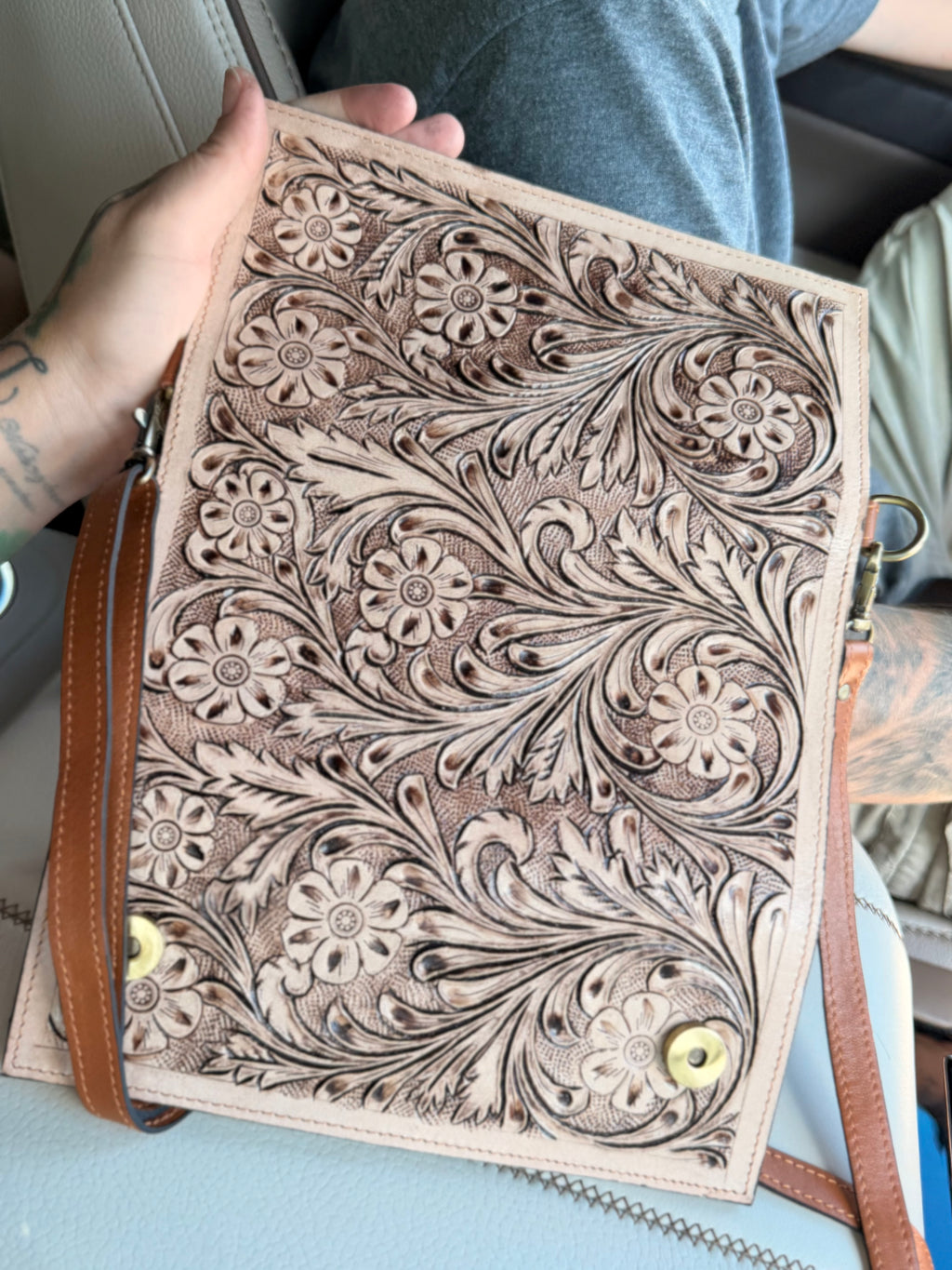 Tooled leather clutch crossbody
