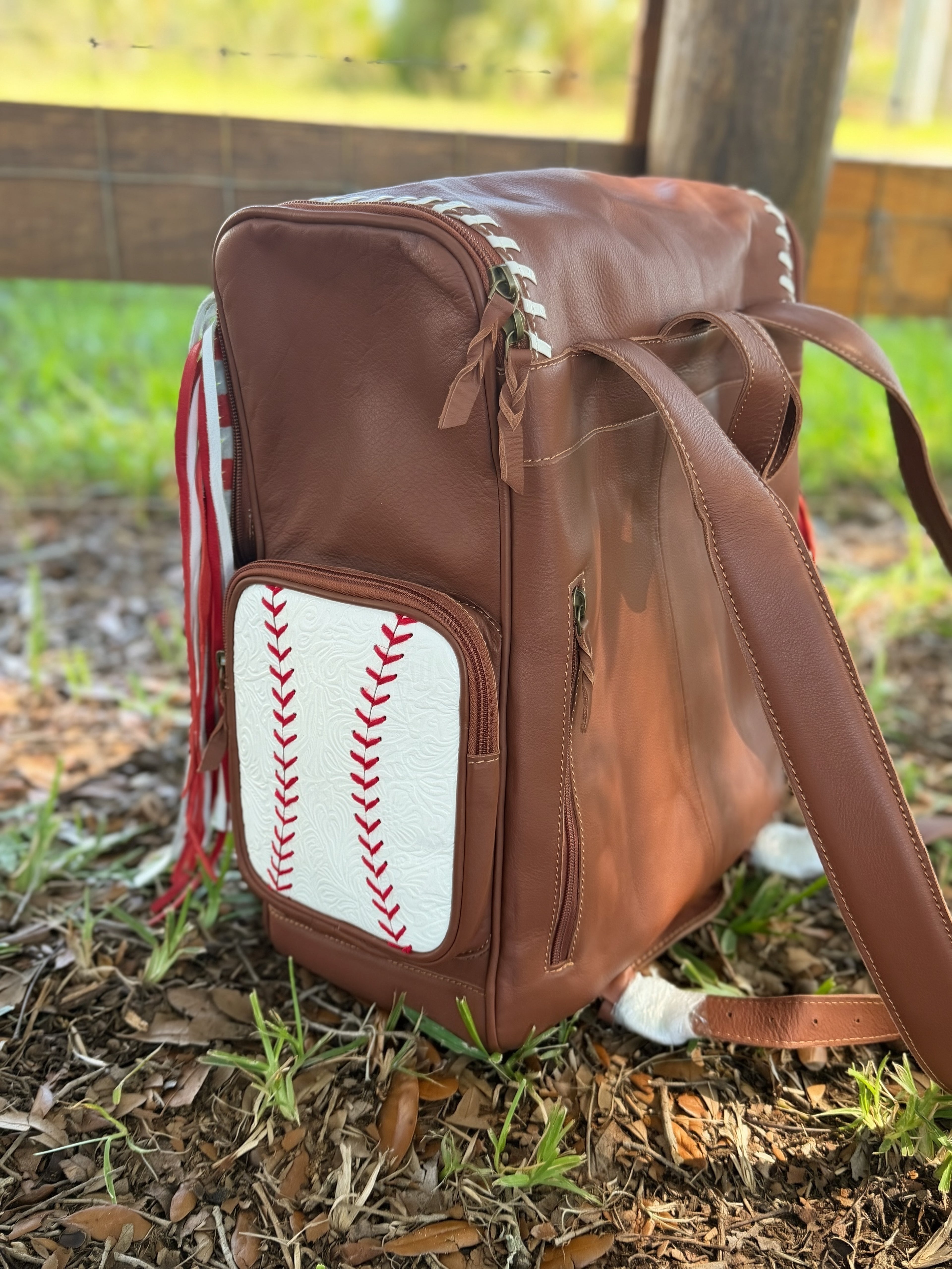 Baseball Leather fringe bookbag – Painted porch
