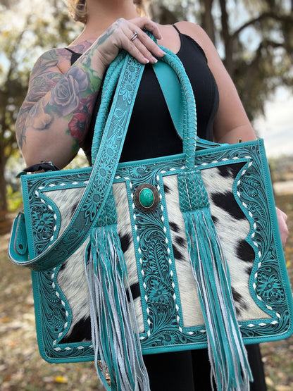 Teal tooled leather/ cowhide set