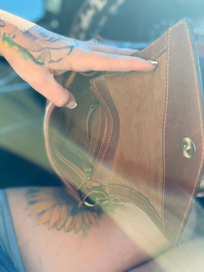 Tooled leather small purse with cowhide