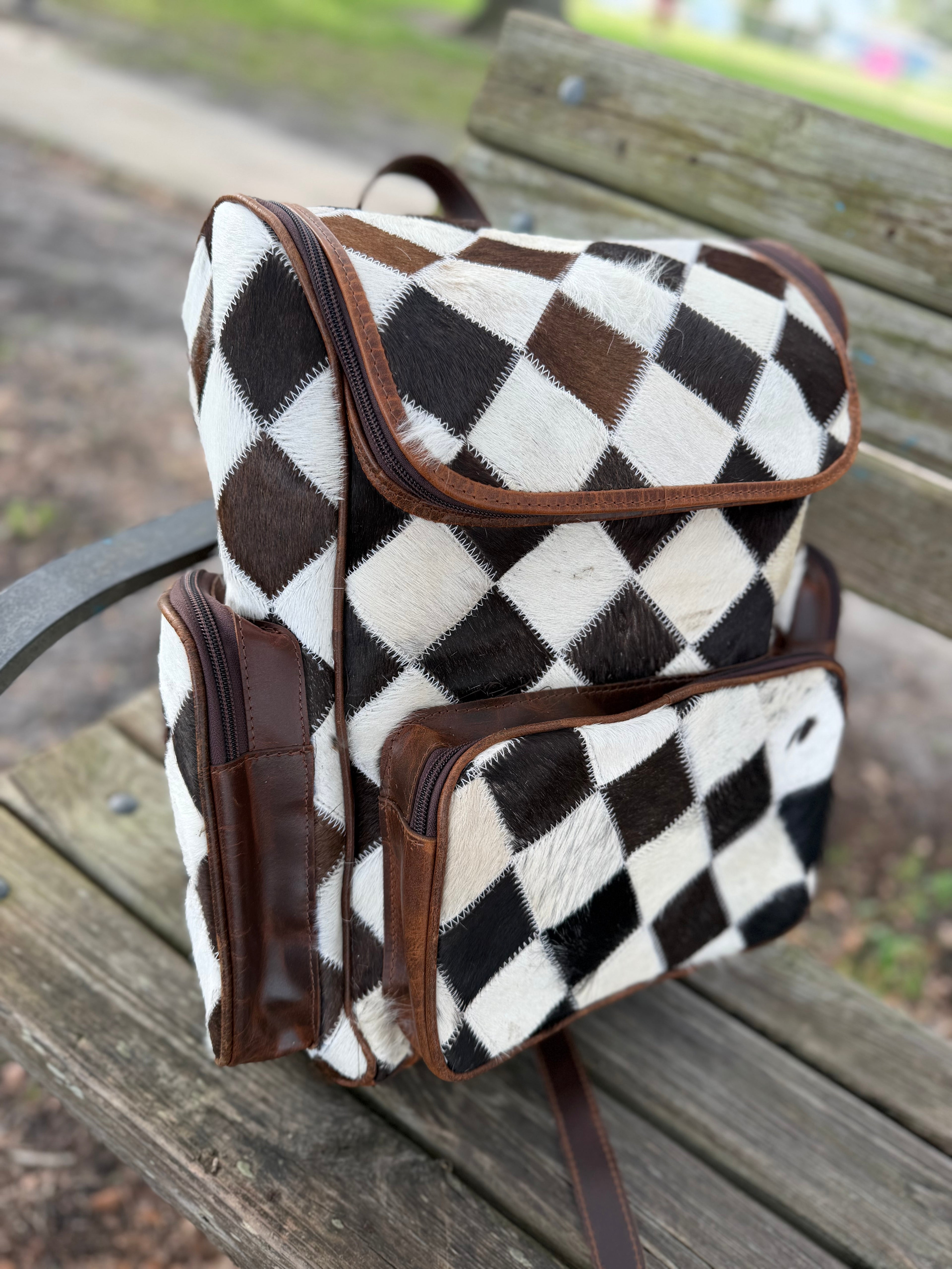 Patchwork cowhide bookbag