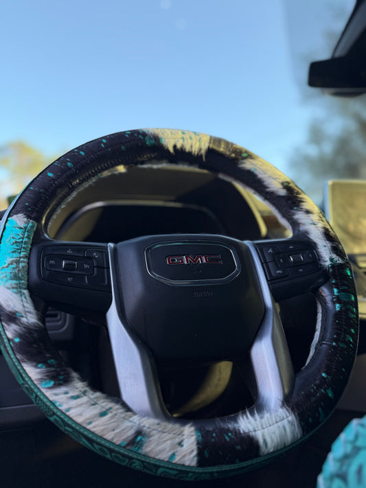 Teal 15.5 “ tooled leather acidwash cowhide steering wheel cover read description before purchase