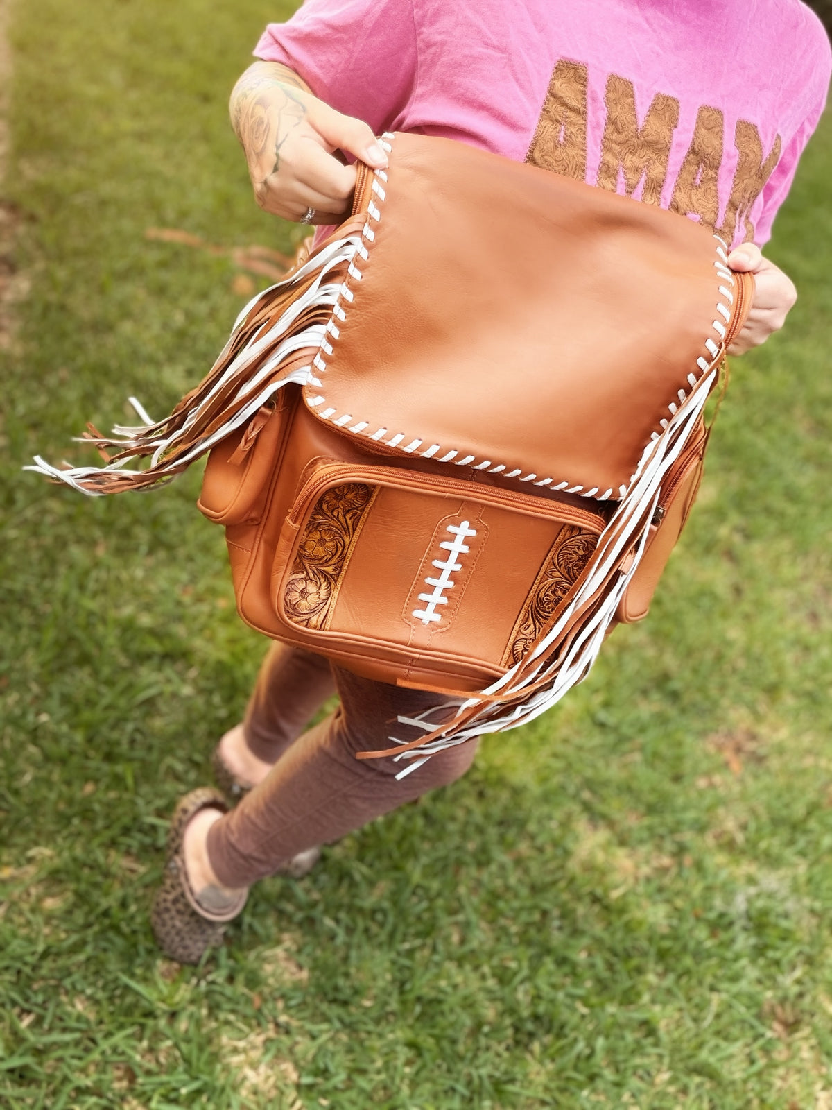 Football Leather fringe sports themed bookbag