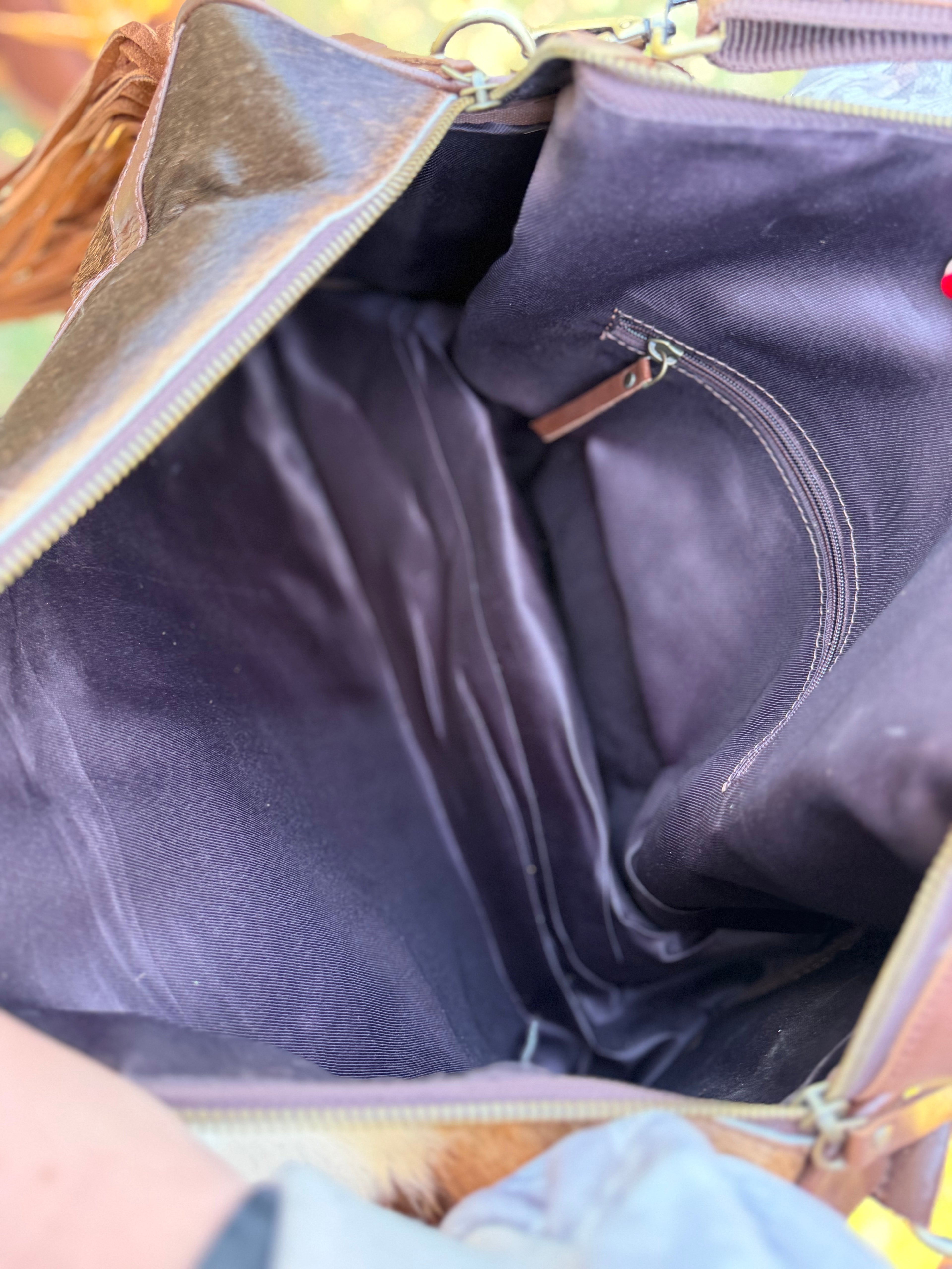 Brown checker duffle fringe