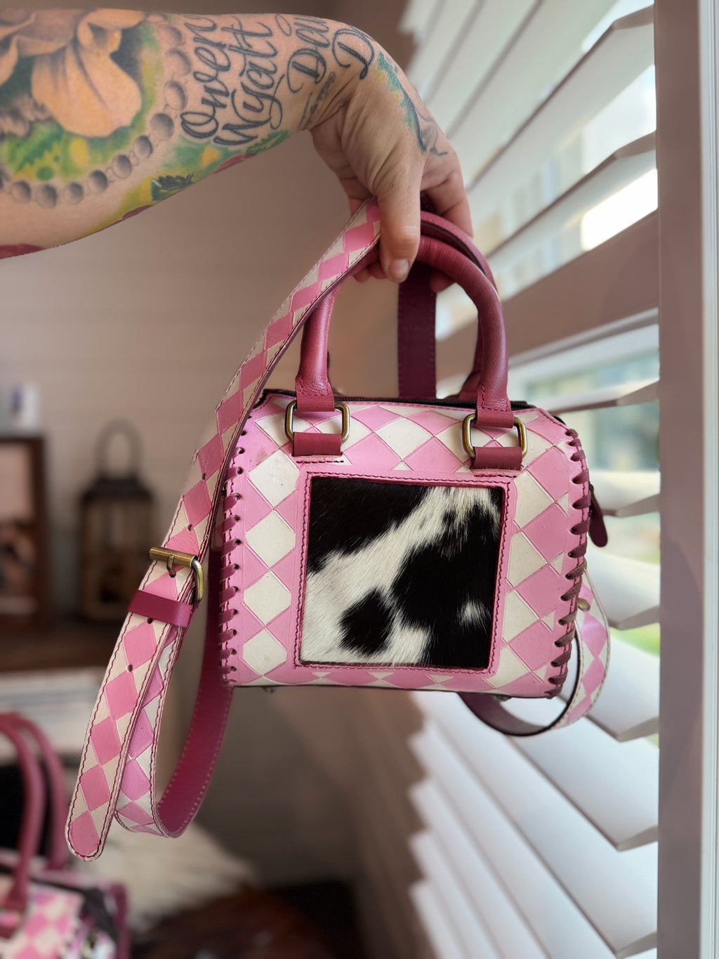 Light pink/white checker tooled leather / Cowhide -  speedy ( 2 sizes avail )