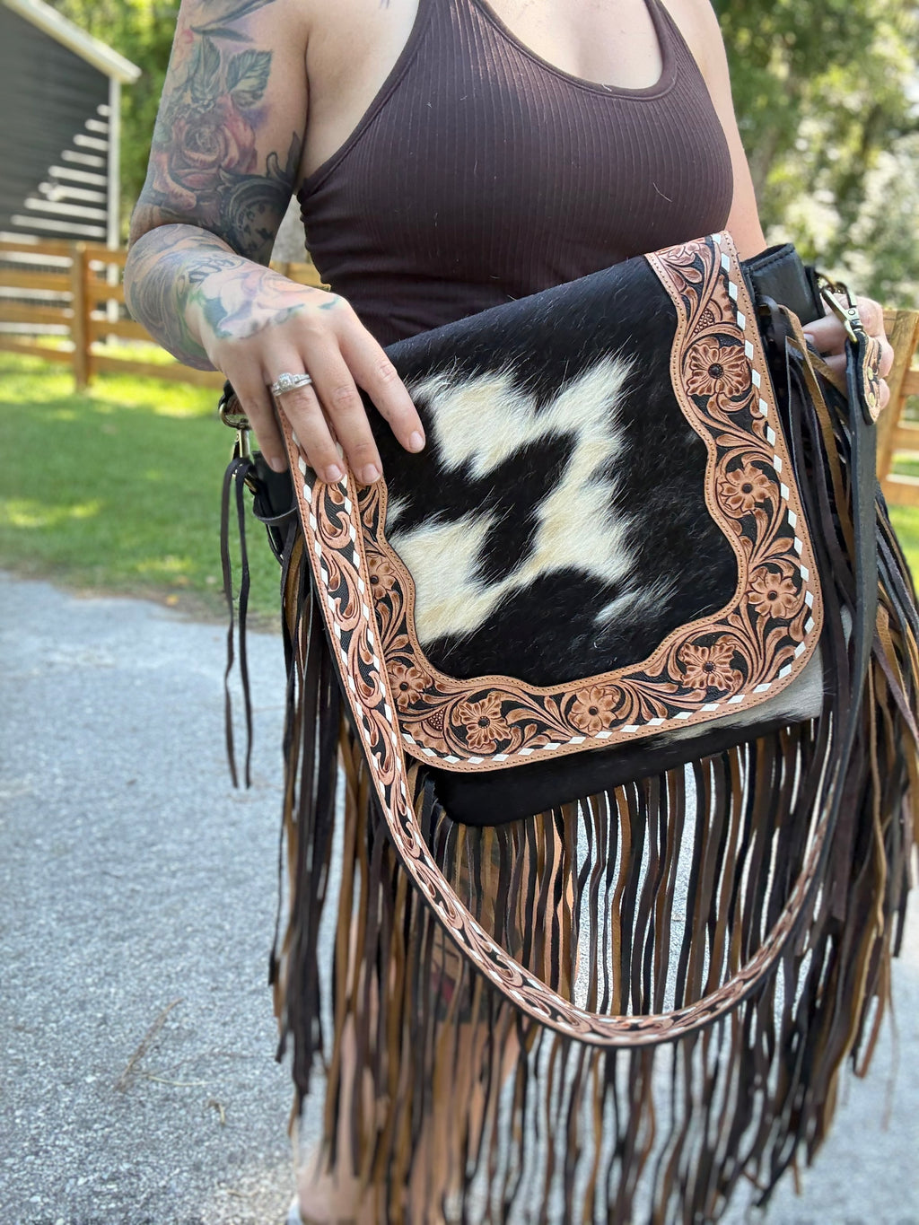 Tooled fringe cross body comes with free wallet and card holder