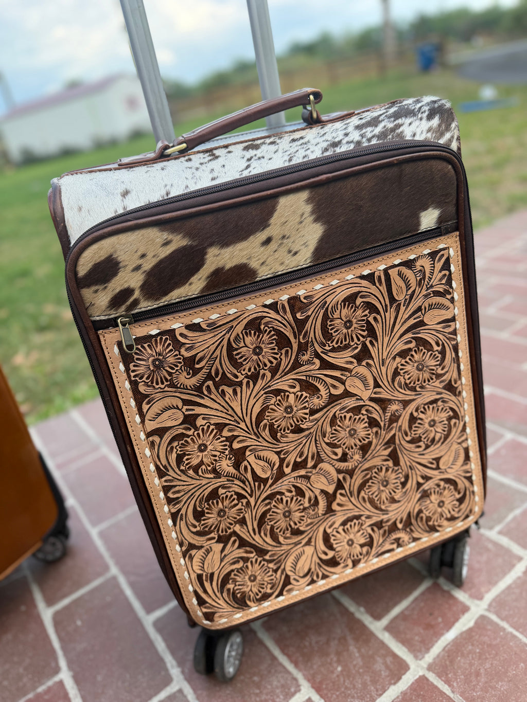 Suitcase - tooled leather and cowhide