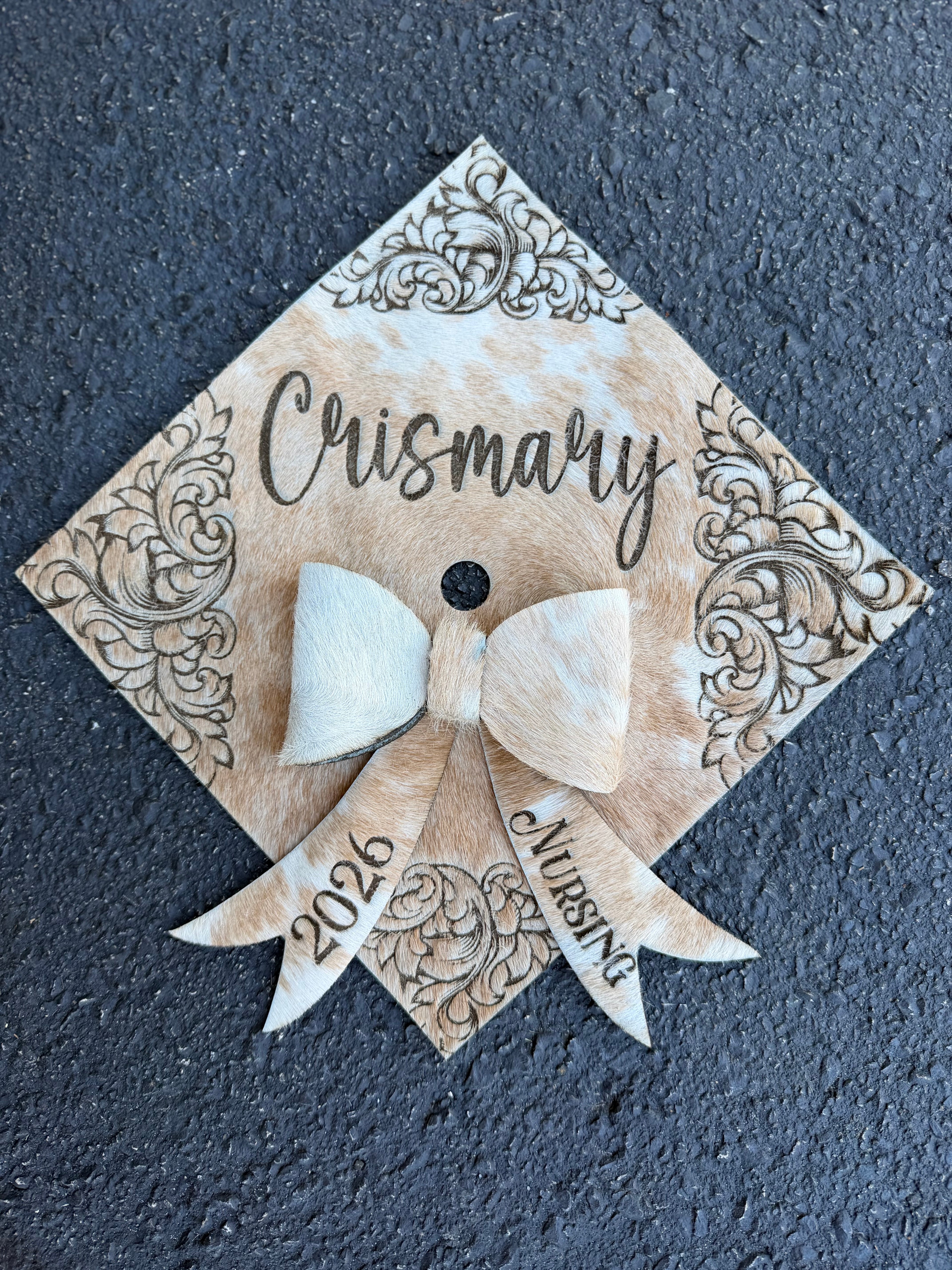 Cowhide grad cap cover with bow