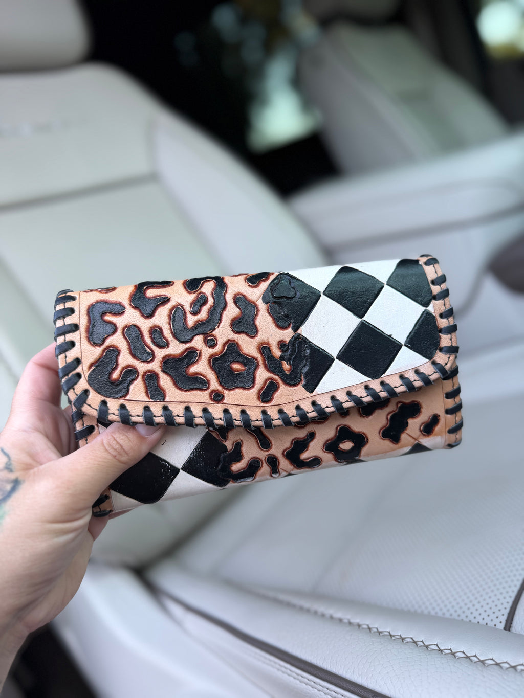 Tooled Wallet - black/white checker and cheetah tooled leather