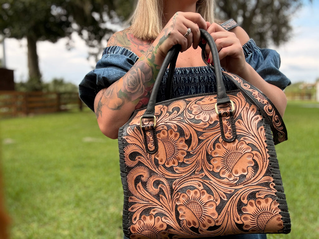 Brown/Black - tooled leather Speedy (L)