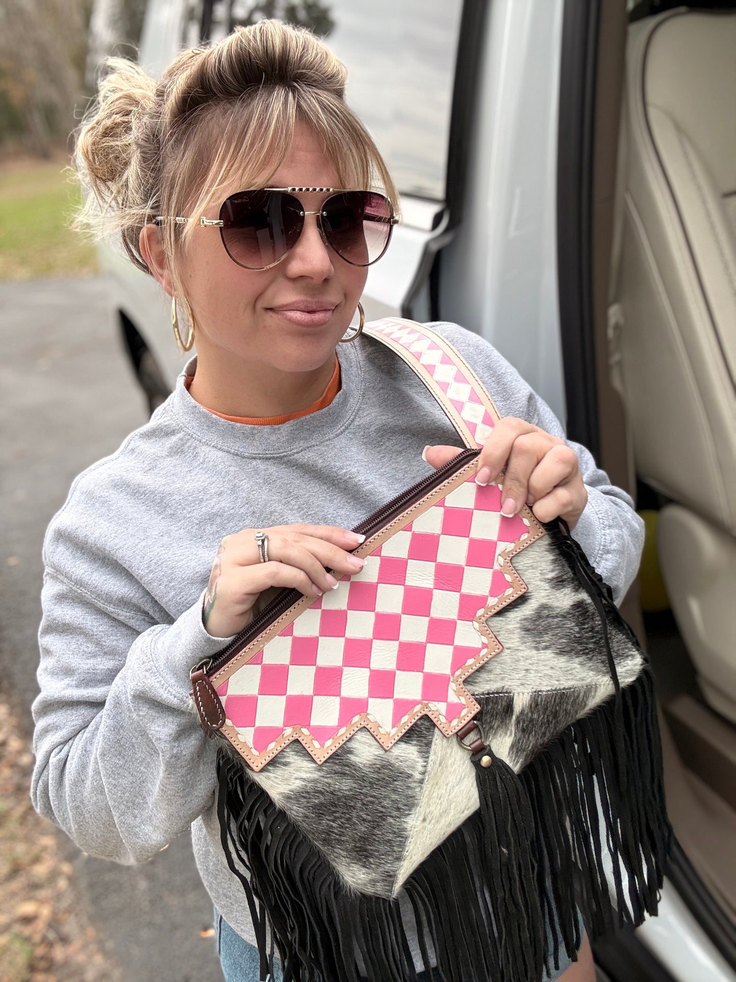 Pink checker tooled leather/ cowhide