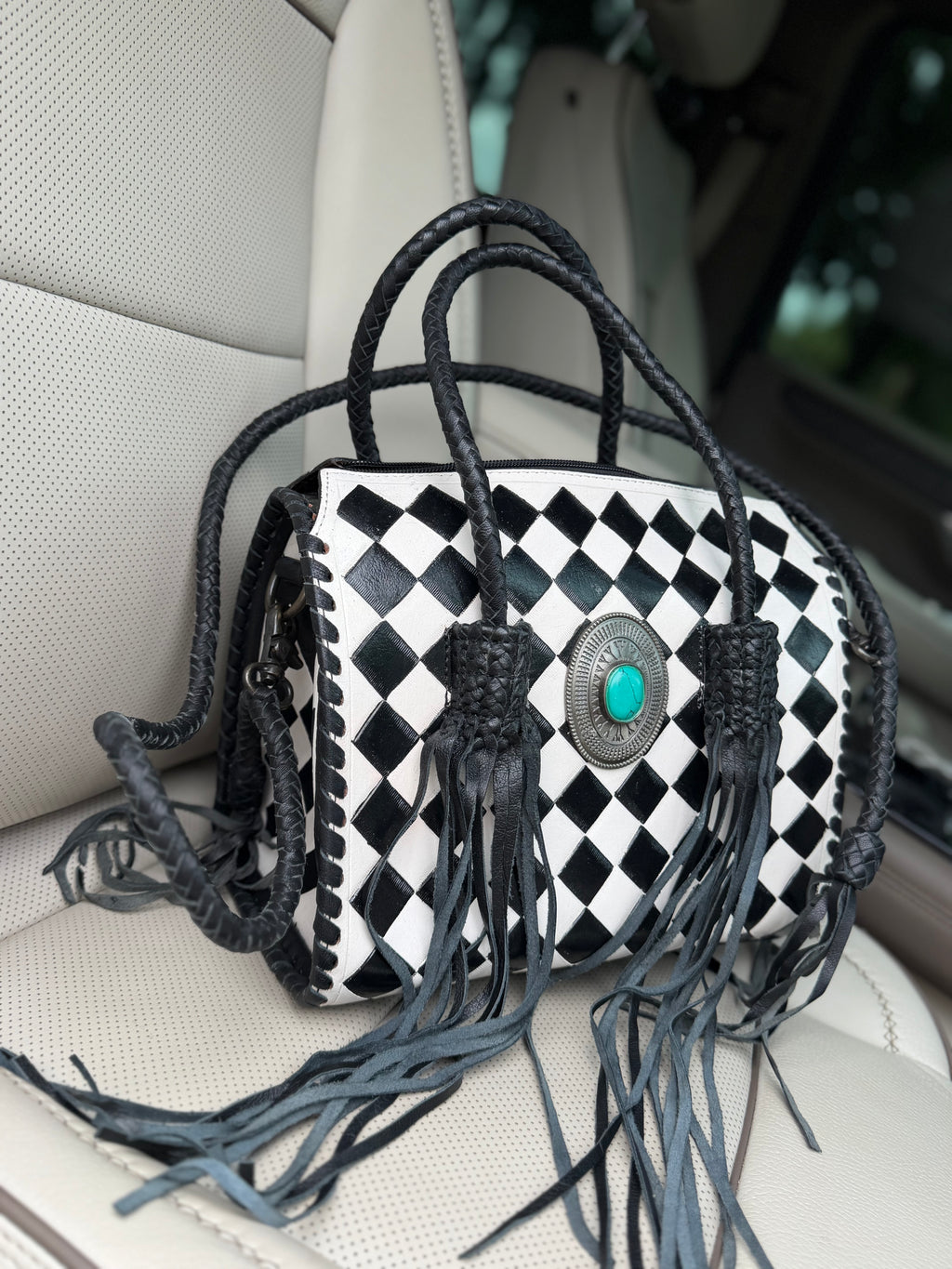 Checker fringe Med/large HAND-PAINTED ARGENTINA LEATHER SPEEDY (very high-quality) exclusive to the painted porches