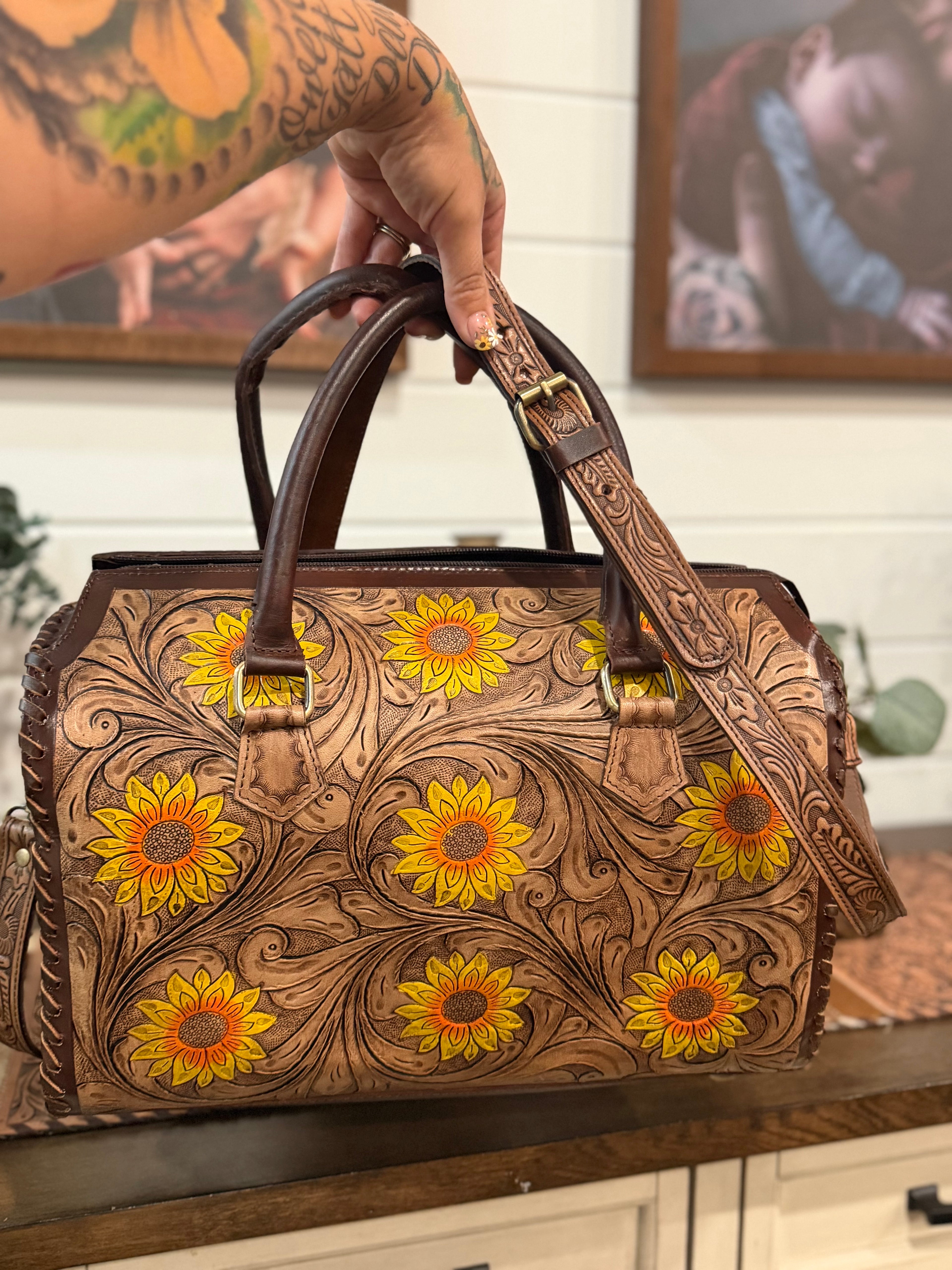“The Sadie” sunflower tooled leather speedy duffle (L)