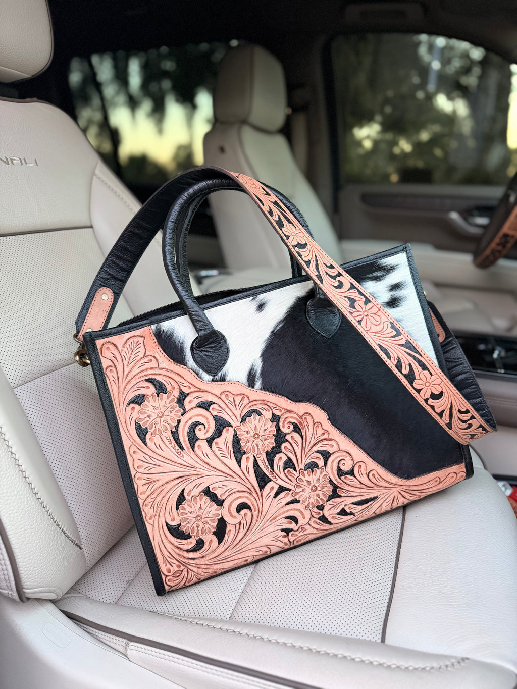 High quality tooled leather tote bag