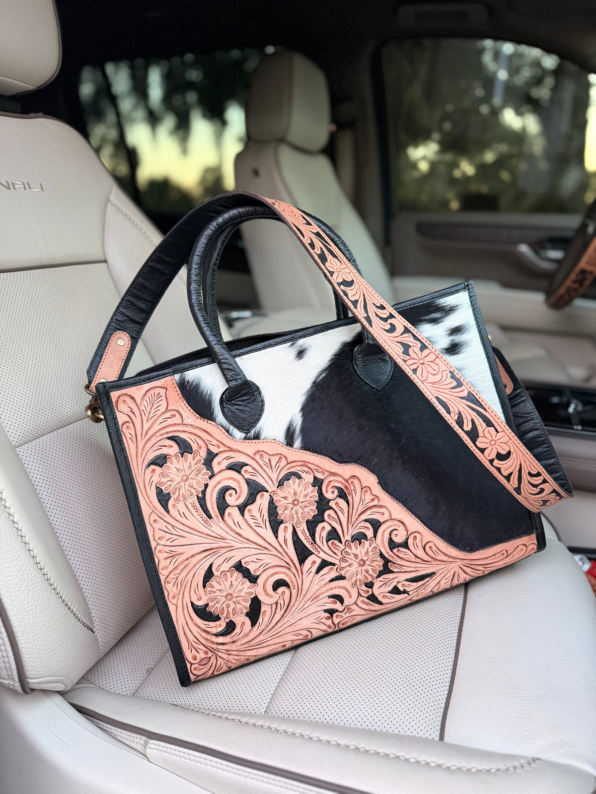 High quality tooled leather tote bag