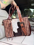 Cowhide and brown and tan checker Tooled leather tote bag with fringe-